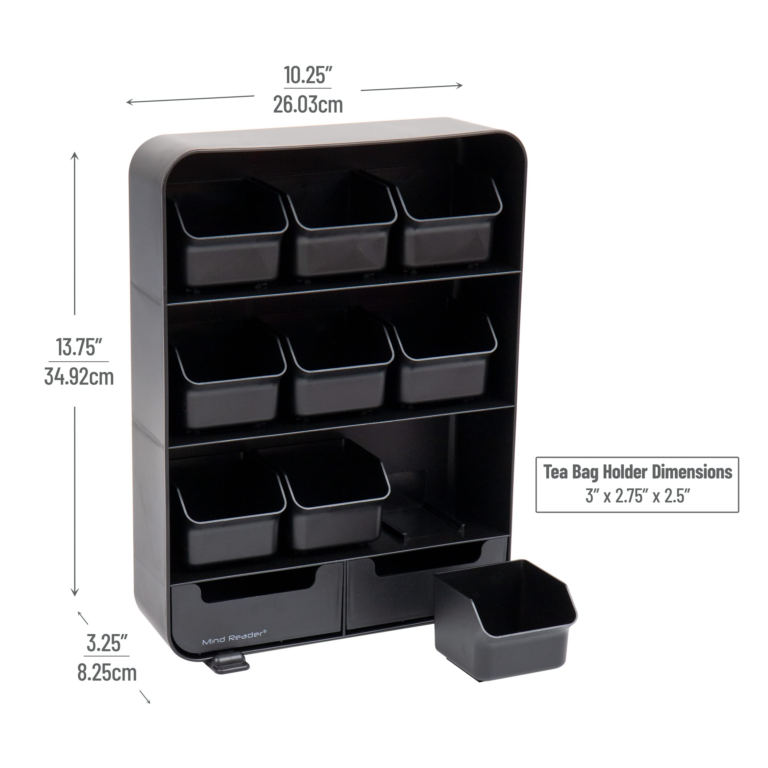Mind Reader Tea Bag Organizer, Tea Station Organizer, Countertop Storage, Kitchen, Plastic, 10.25''L X 3.25''W X 13.75''H, Black