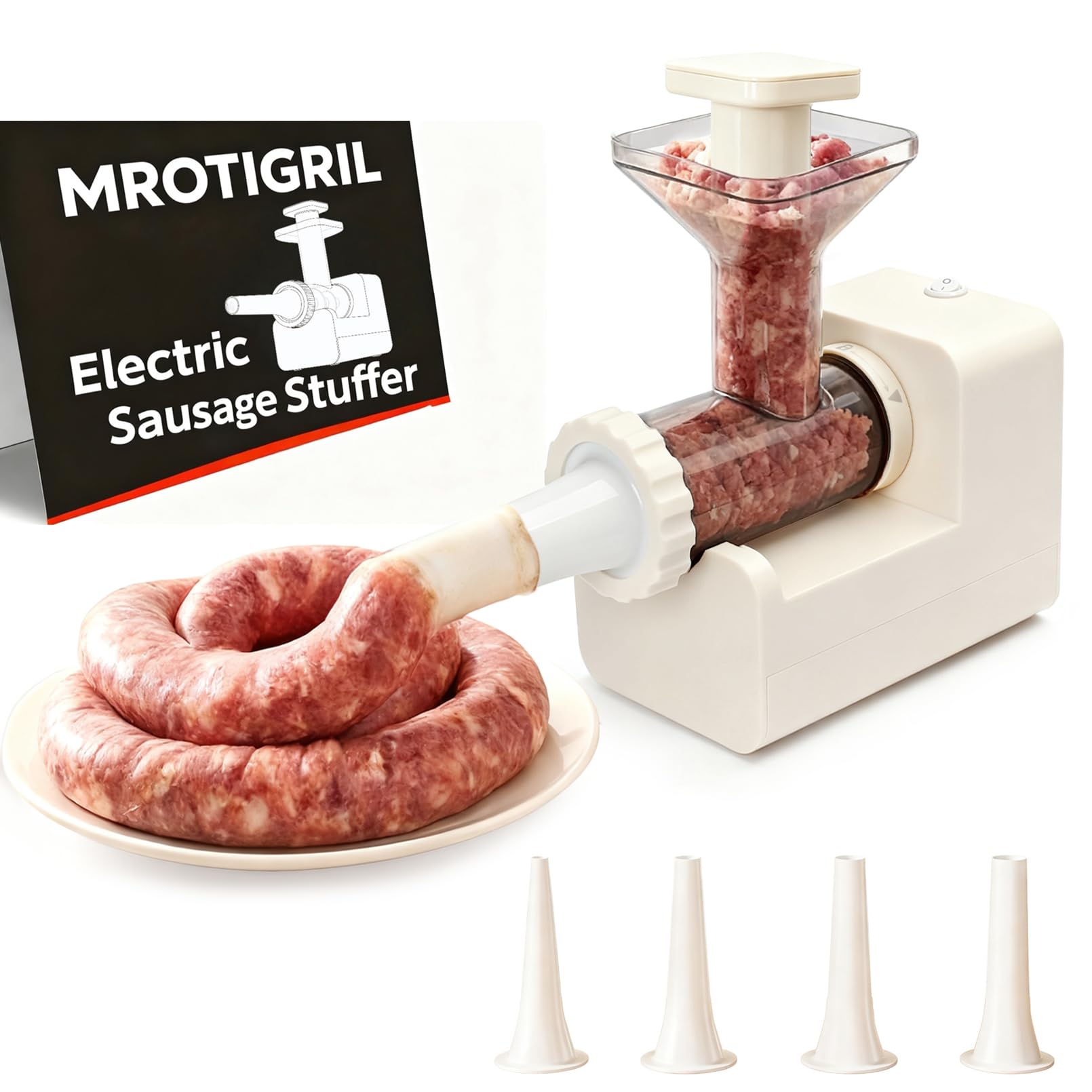 MROTIGRIL Electric Sausage Stuffer Machine: 4 Stuffing Tubes - One-Button Start Sausage Stuffer: Effortless, 11lbs Meat in 5 Min