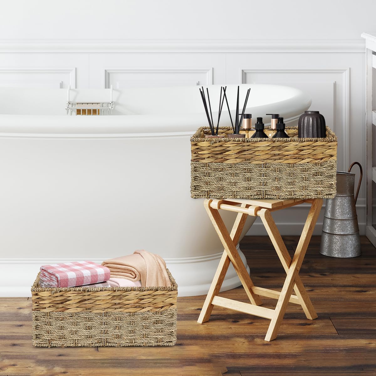 Weavelyrics [2-Pack, 2-Size] Wicker Storage Baskets With Handles, Water Hyacinth And Seagrass, Handwoven Storage Baskets For She