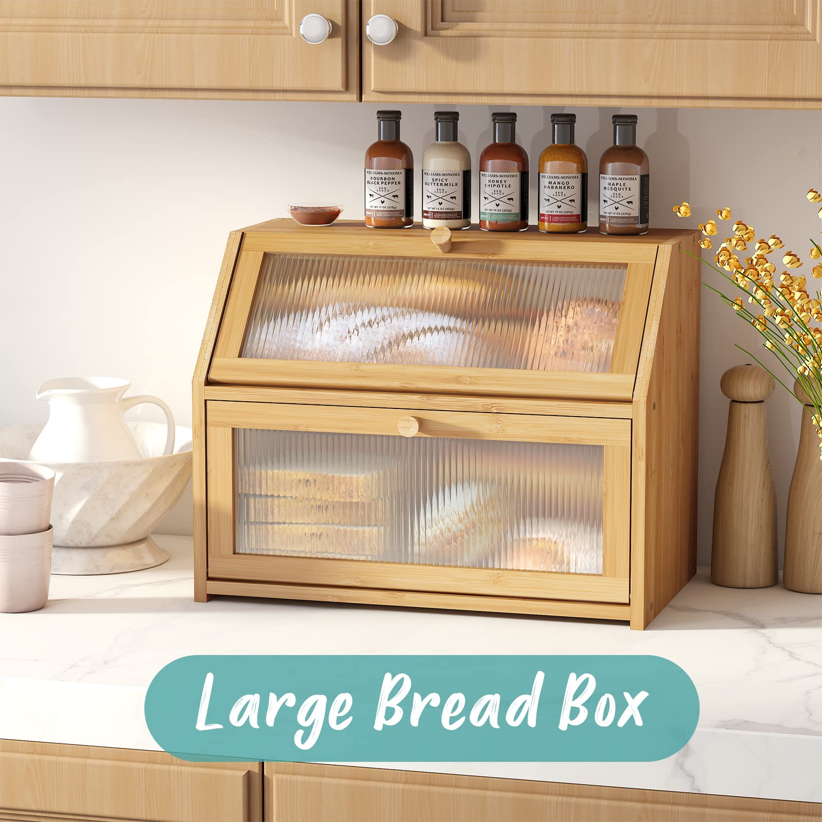 Vriccc Large Bamboo Bread Box, Double Layer Wooden Storage, Natural Color, Model WC-CH