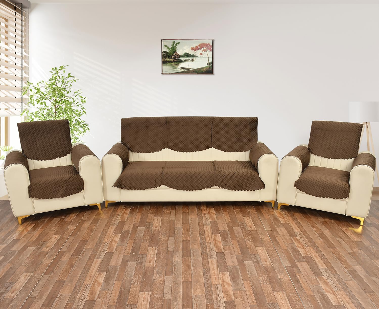 Yellow Weaves 5 Seater Self Design Quilted Sofa Cover And Chair Cover With Arm Cover, Seat & Back Cover, Color - Dark Brown