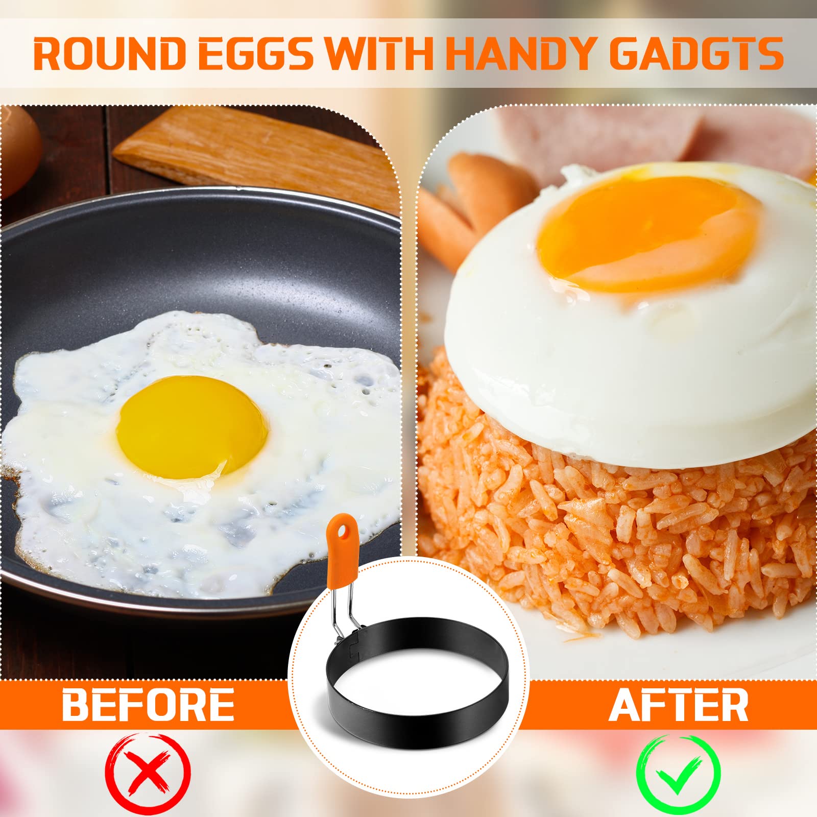 Patelai 4 Pcs Professional Egg Ring Pancake Ring Set Stainless Steel Fried Egg Ring Griddle Pancake Shapers With Orange Silicone