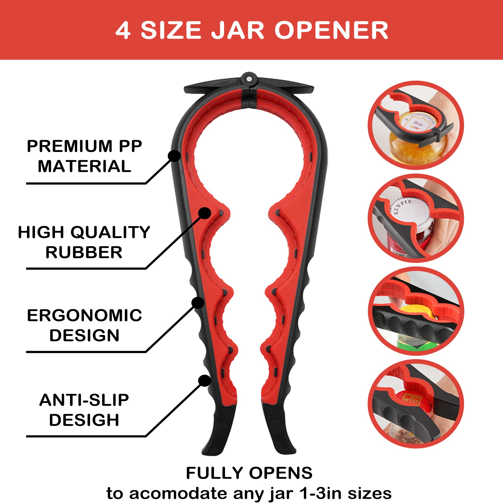 HUMANFUN Jar Opener 5-in-1 Multi-Function for Weak Hands, Red, Plastic, 3-Piece Set, Ideal for Seniors and Arthritis Relief