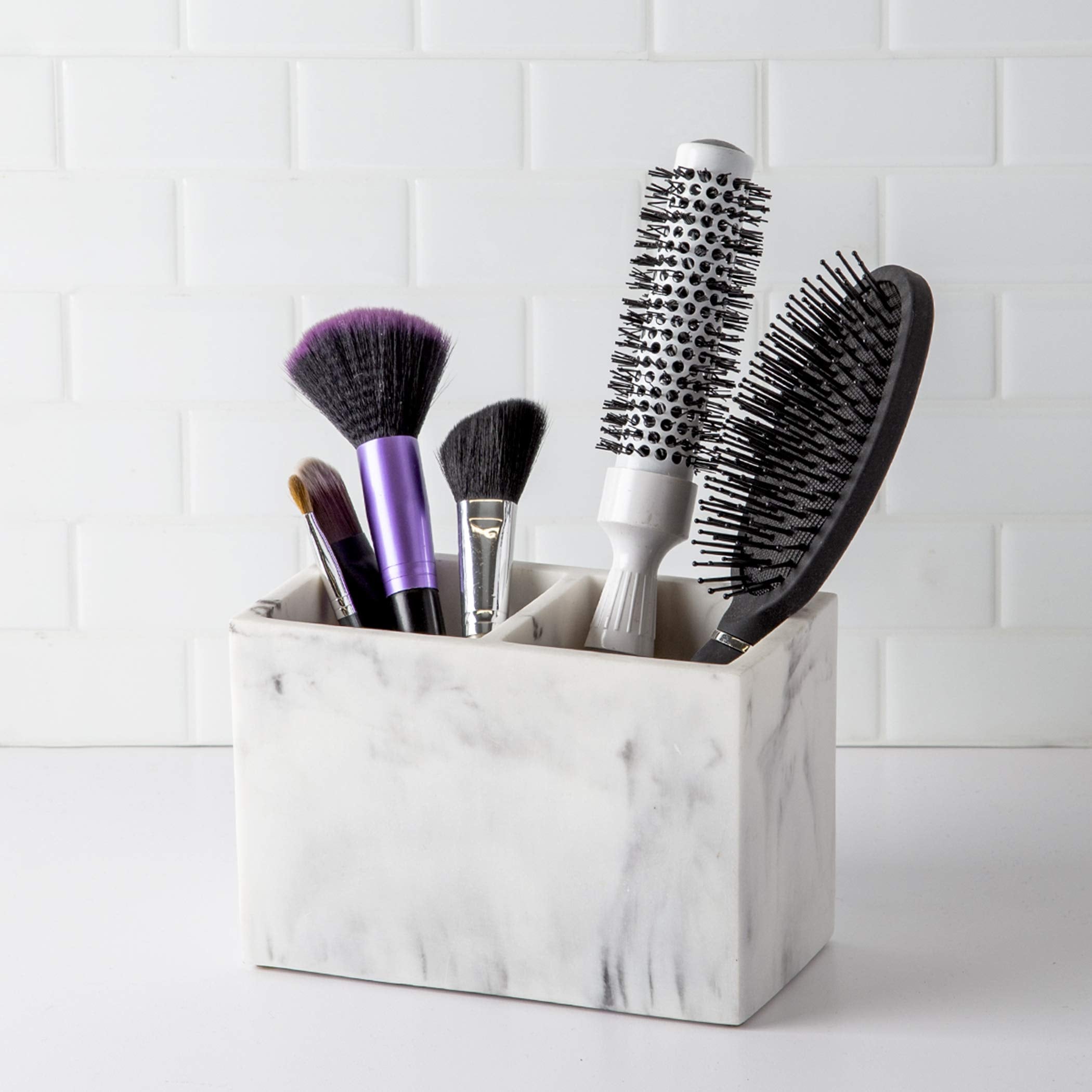 Bino | Multi-Purpose 2 Compartment Organizer - Elegant Makeup Brush & Toothbrush Holder For Bathroom And Vanity | Marble Stylish