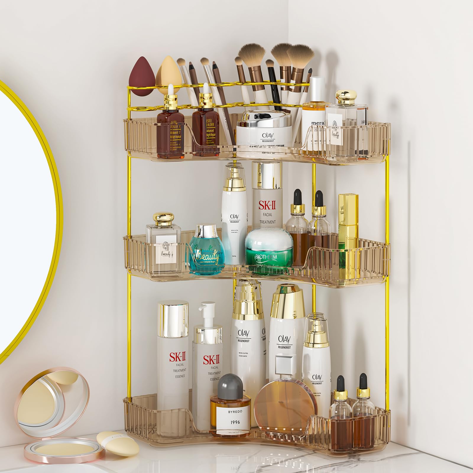Sunzos Corner Bathroom Counter Organizer, 3-Tier Countertop Perfume Tray Organizer With Makeup Brush Holder, Vanity Makeup Cosme