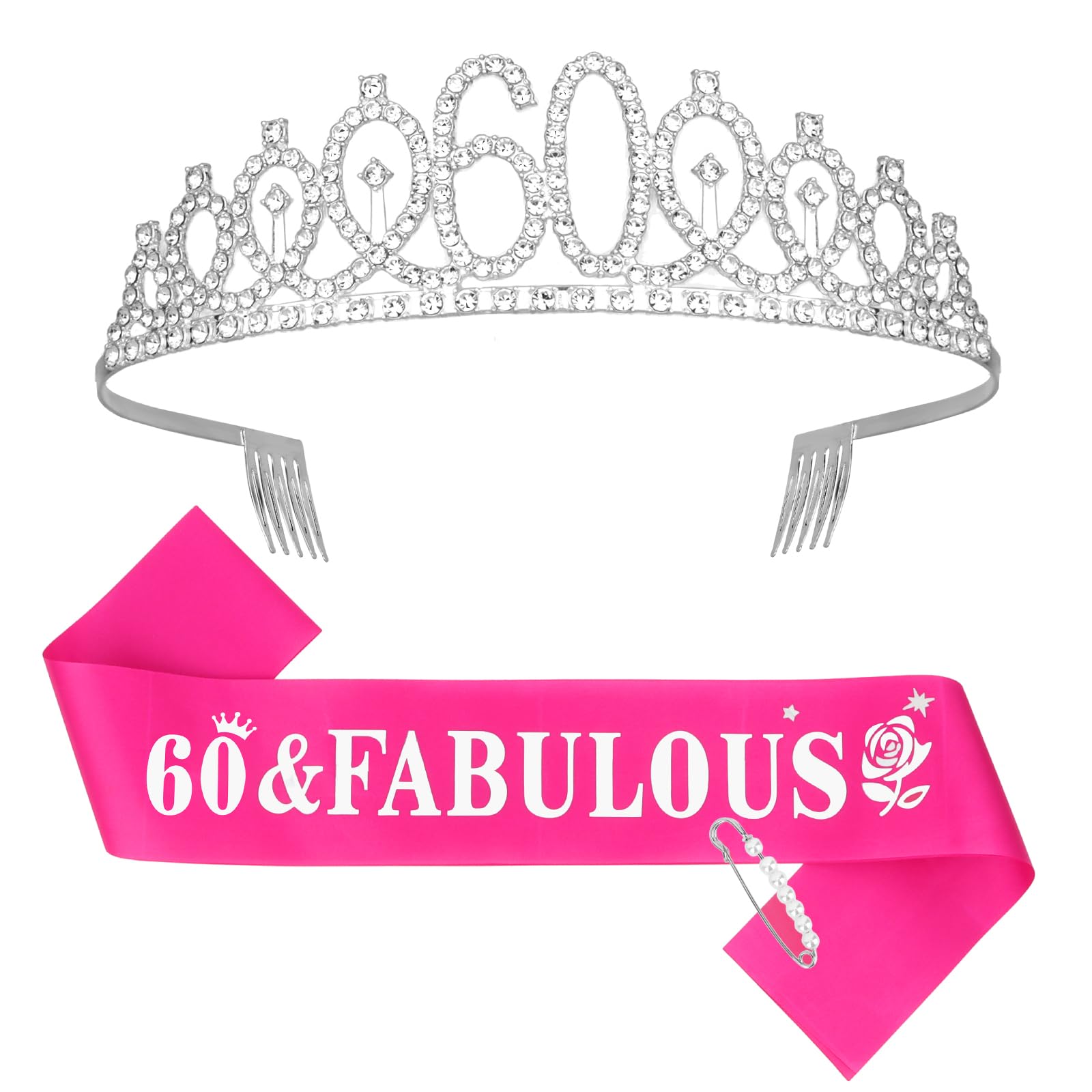 Casoty Silver 60th Birthday Sash and Tiara, 60th Birthday Decorations for Women, 60 & FABULOUS Sash and Crown Set, Party Supplie