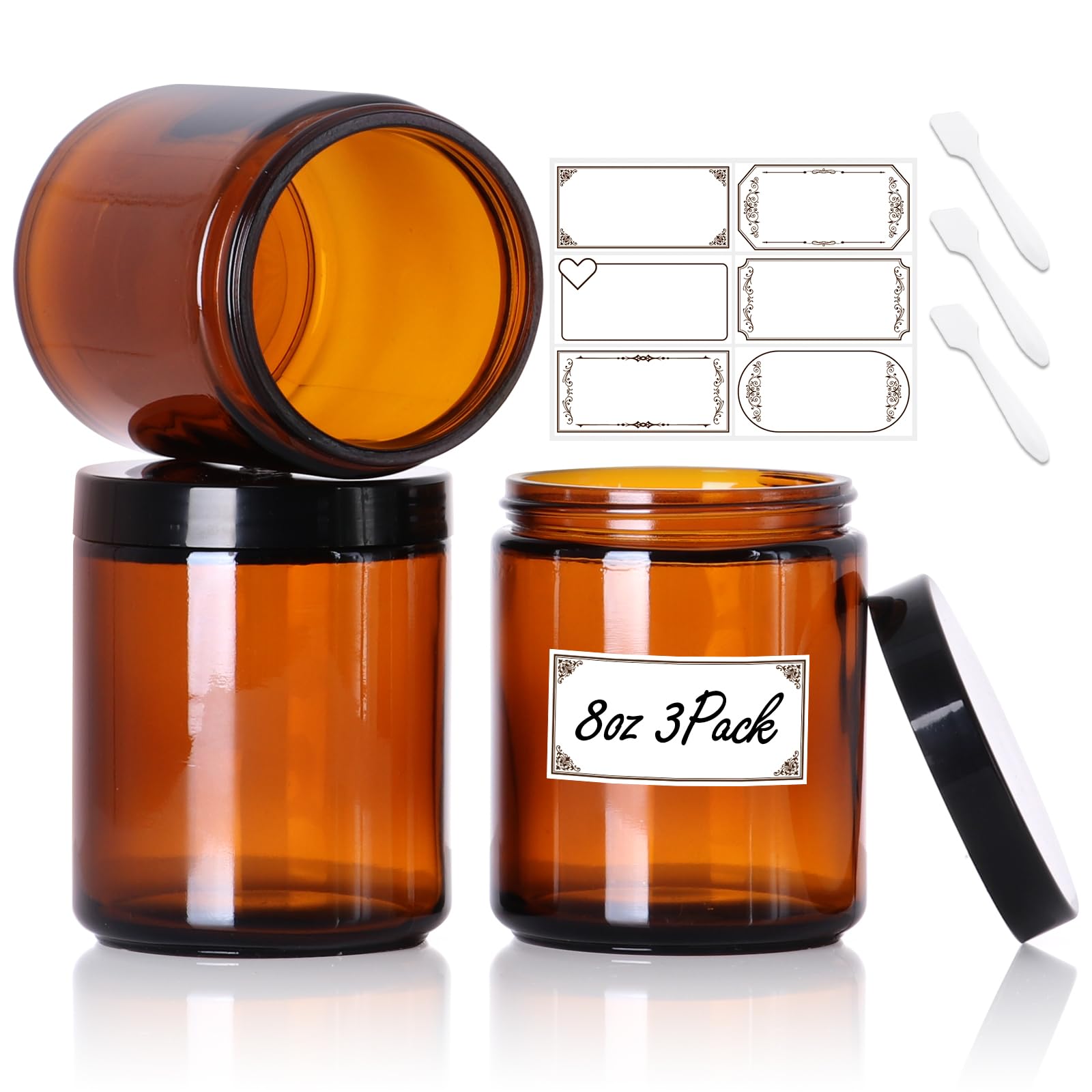 3 Pack 8 Oz Amber Glass Jars With Lids, Cosmetic Jars With Inner Liners And Black Lids, Lotion Jars, Candle Making Jars For Loti