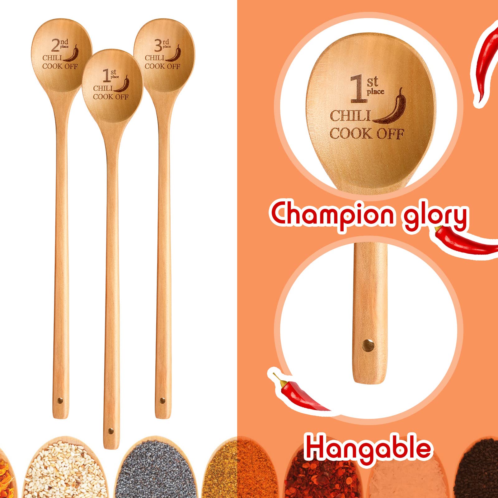 Set Of 3 Chili Cook Off Trophies Prizes, 1St, 2Nd, 3Rd, Wooden Spoons For Cooking, 13 Inch Awards Long Handled Cooking Spoons Fo