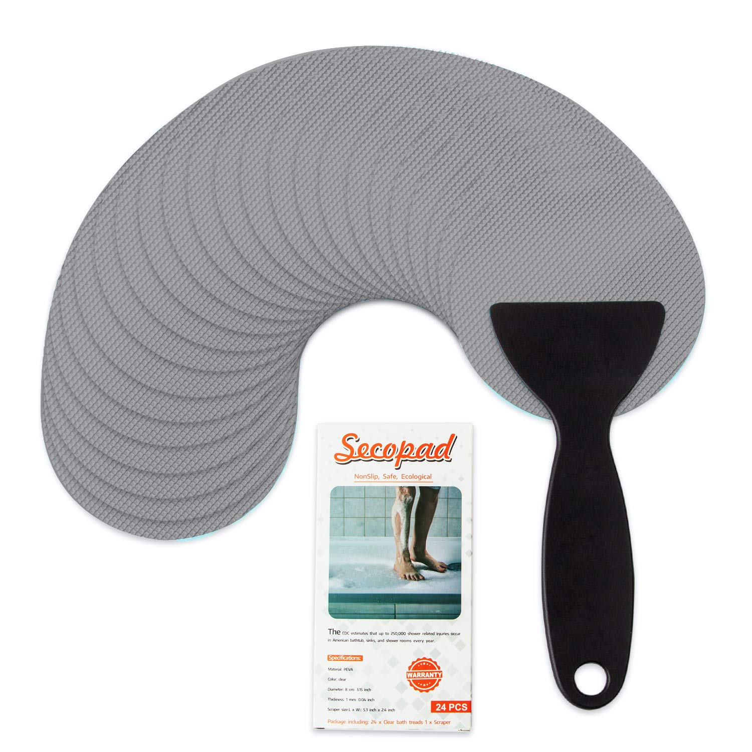 Secopad Non-Slip Bathtub Stickers, 24Pcs Safety Bathroom Tubs Showers Treads Adhesive Decals Scraper (Gray)