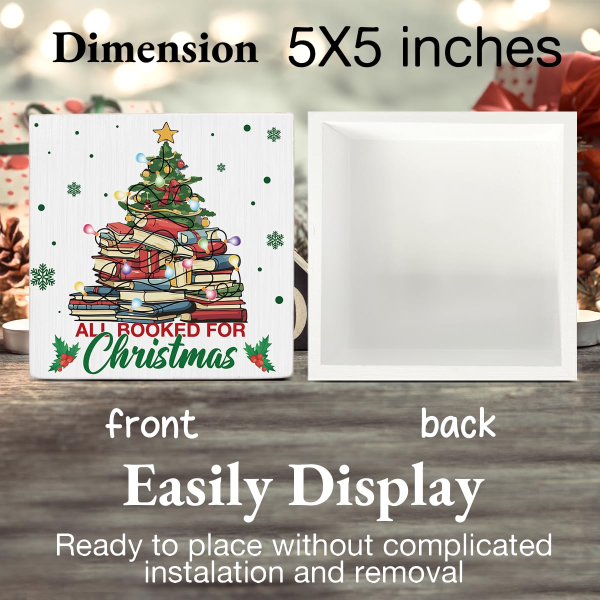 Indoor Christmas Decorations, Christmas Book Tree Wooden Sign, Rustic Christmas Decor, Christmas Decor for Desk Table Shelf 5 x