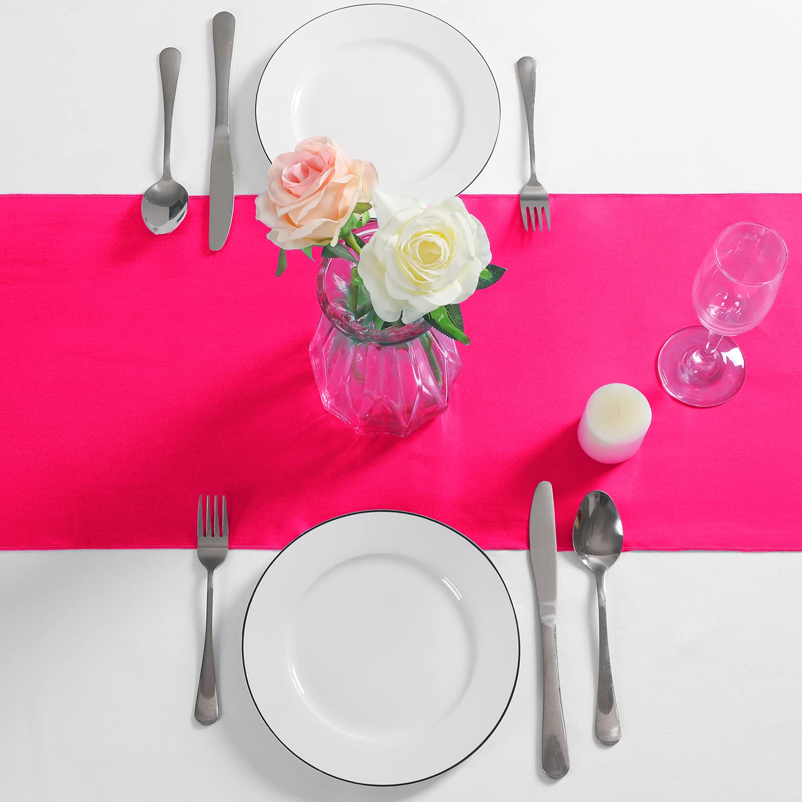 Manyshofu 12Pcs Satin Hot Pink Table Runner - 12 x 72 Inch Long Size  Party Table Runner Decor Bright & Smooth Wedding Decorations Table Runner for Banquet Chef Birthday Buffet Dinner Graduations