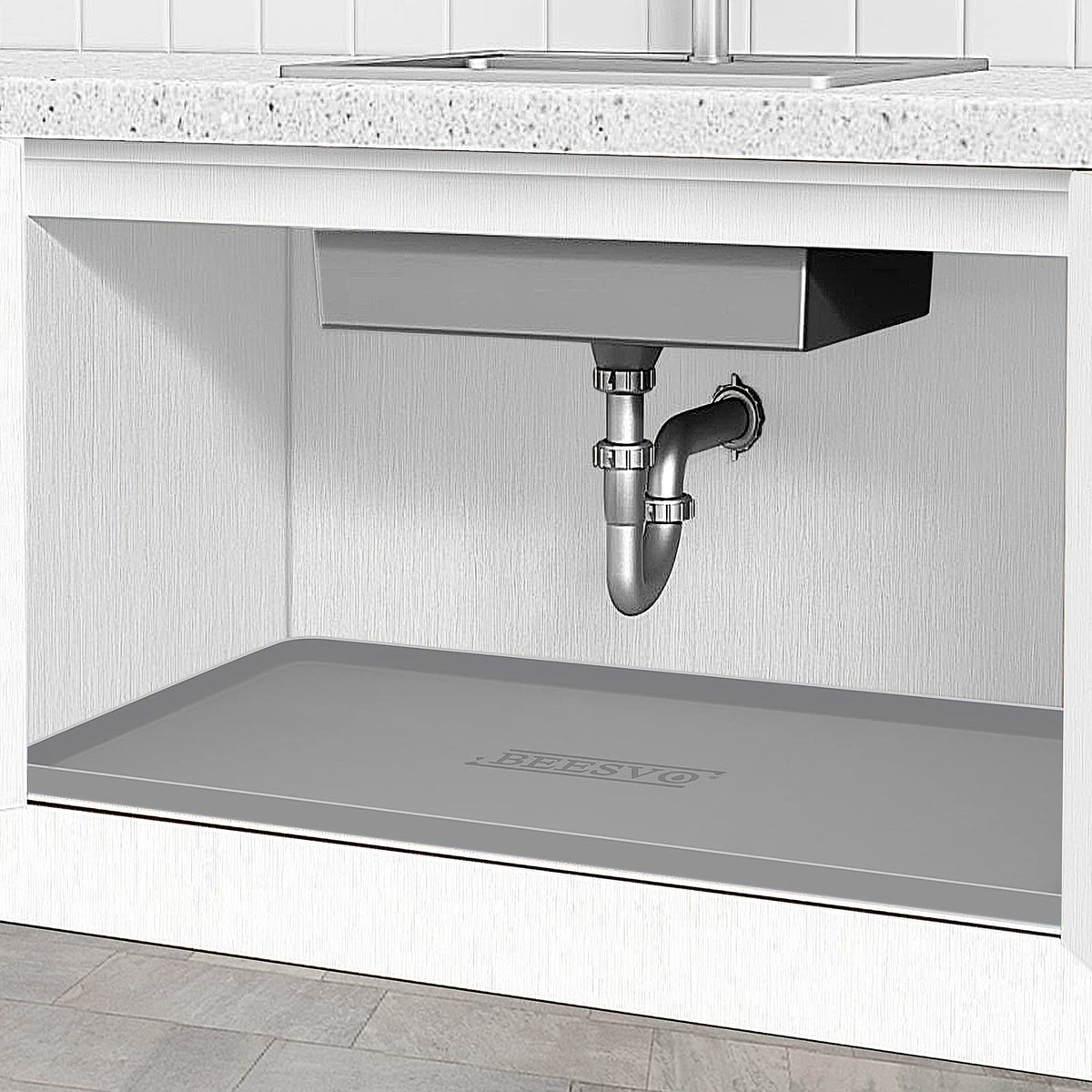 Beesvo Under Sink Mat Kitchen & Bathroom Cabinet Liner, 34'' X 22'' Silicone Waterproof Under Sink Drip Tray, Hold Up To 3.3 Gal
