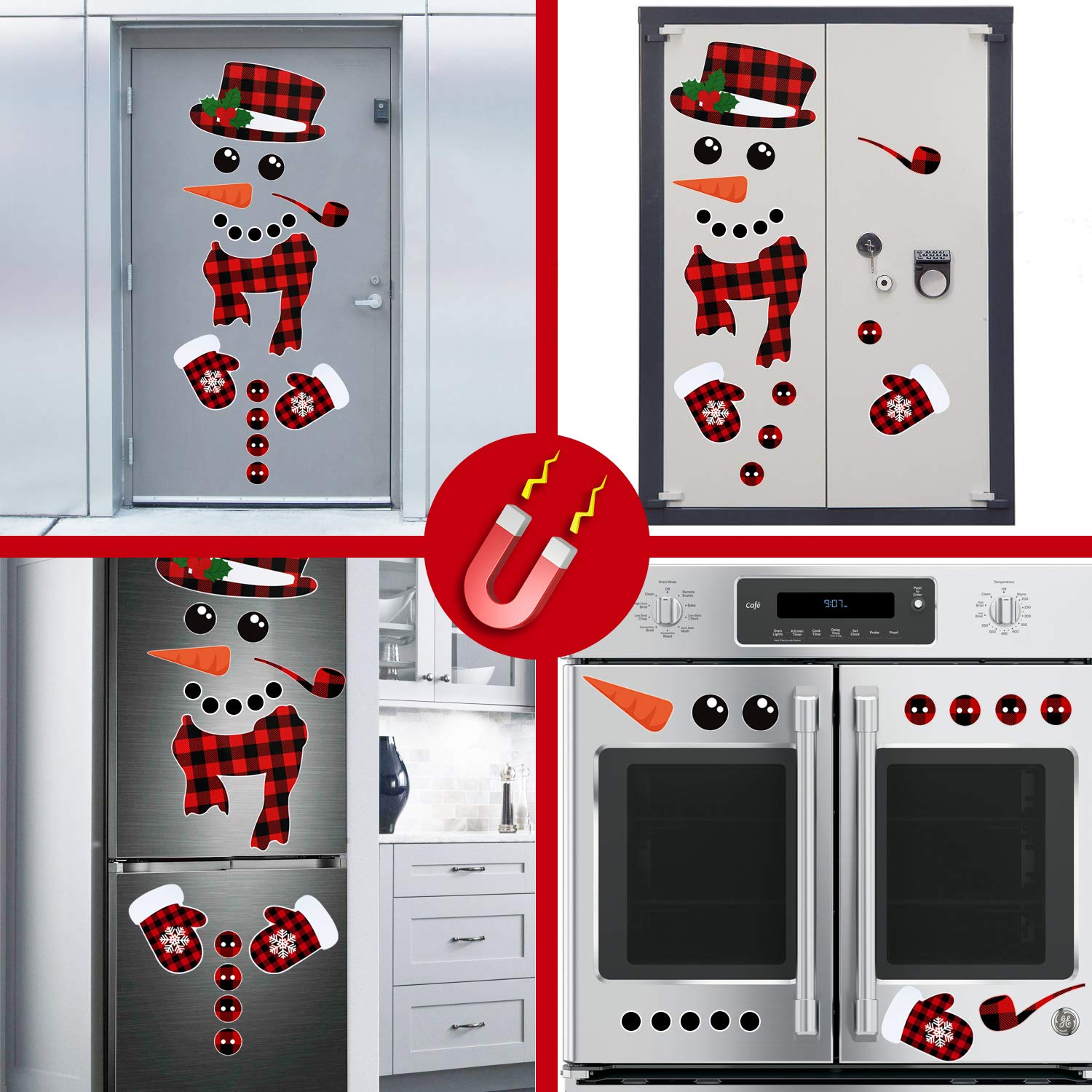17Pcs Snowman Refrigerator Magnets  Christmas Decorations  Large Red Black Buffalo Plaid Fridge Magnet Stickers  Xmas Holiday Decorations for Fridge  Metal Door  Cabinets  Garage Door