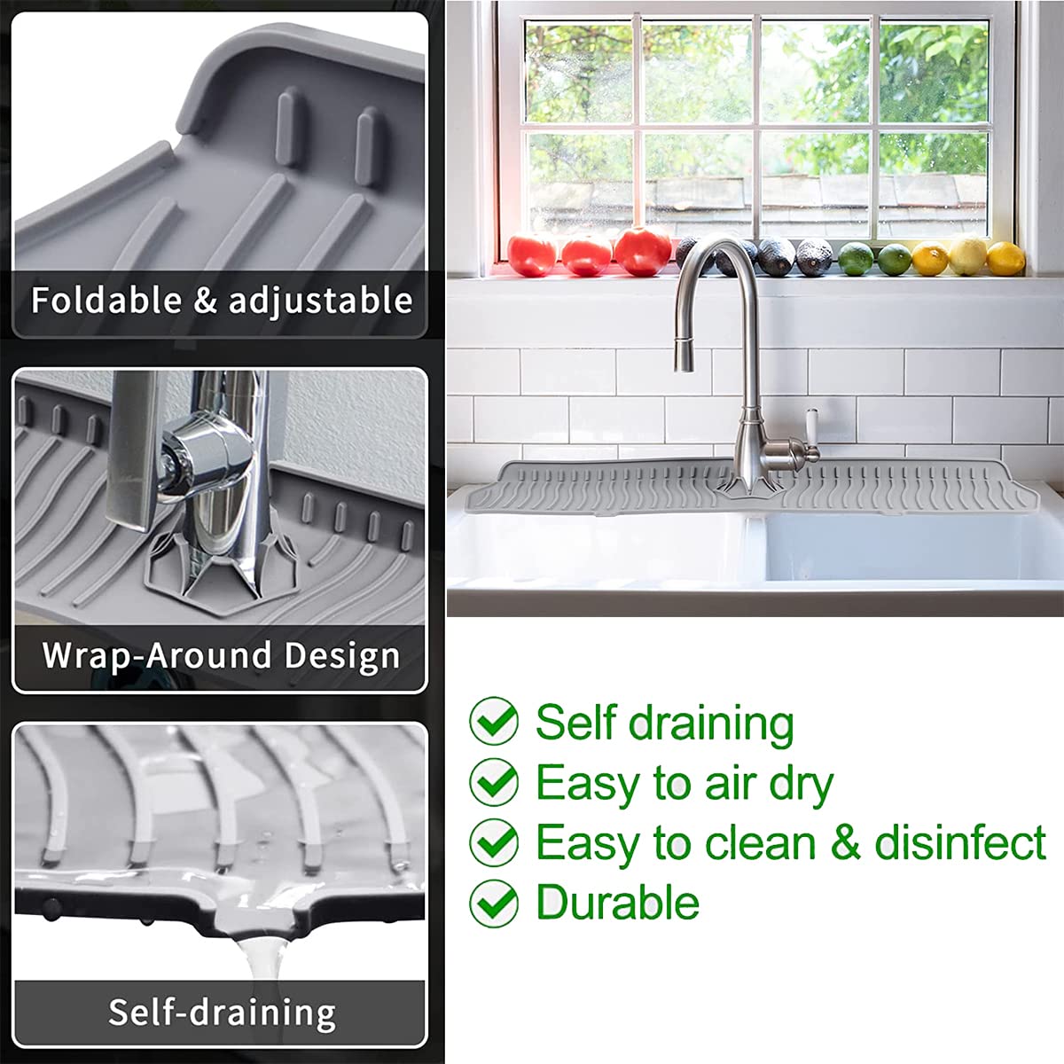 Aynuma Kitchen Faucet Sink Splash Guard, 24'' X 5.6'' Upgrade Silicone Faucet Water Catcher Mat, Sink Draining Pad Behind Faucet