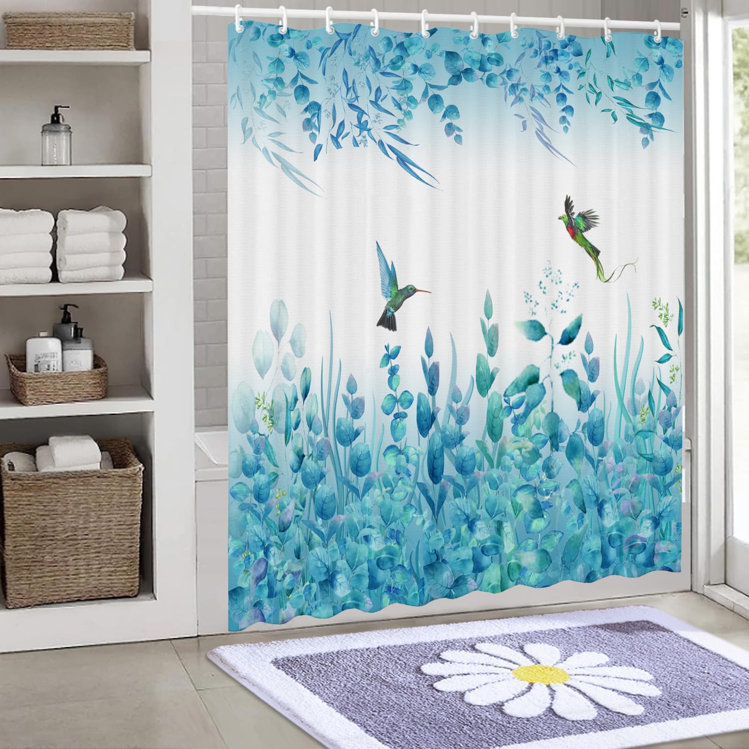 Niidder Blue Leaf Shower Curtain, Kingfisher Shower Curtain -72 ''W X 72'' L With 12 Hooks, Weighted Hem Shower Curtain, Waterpr
