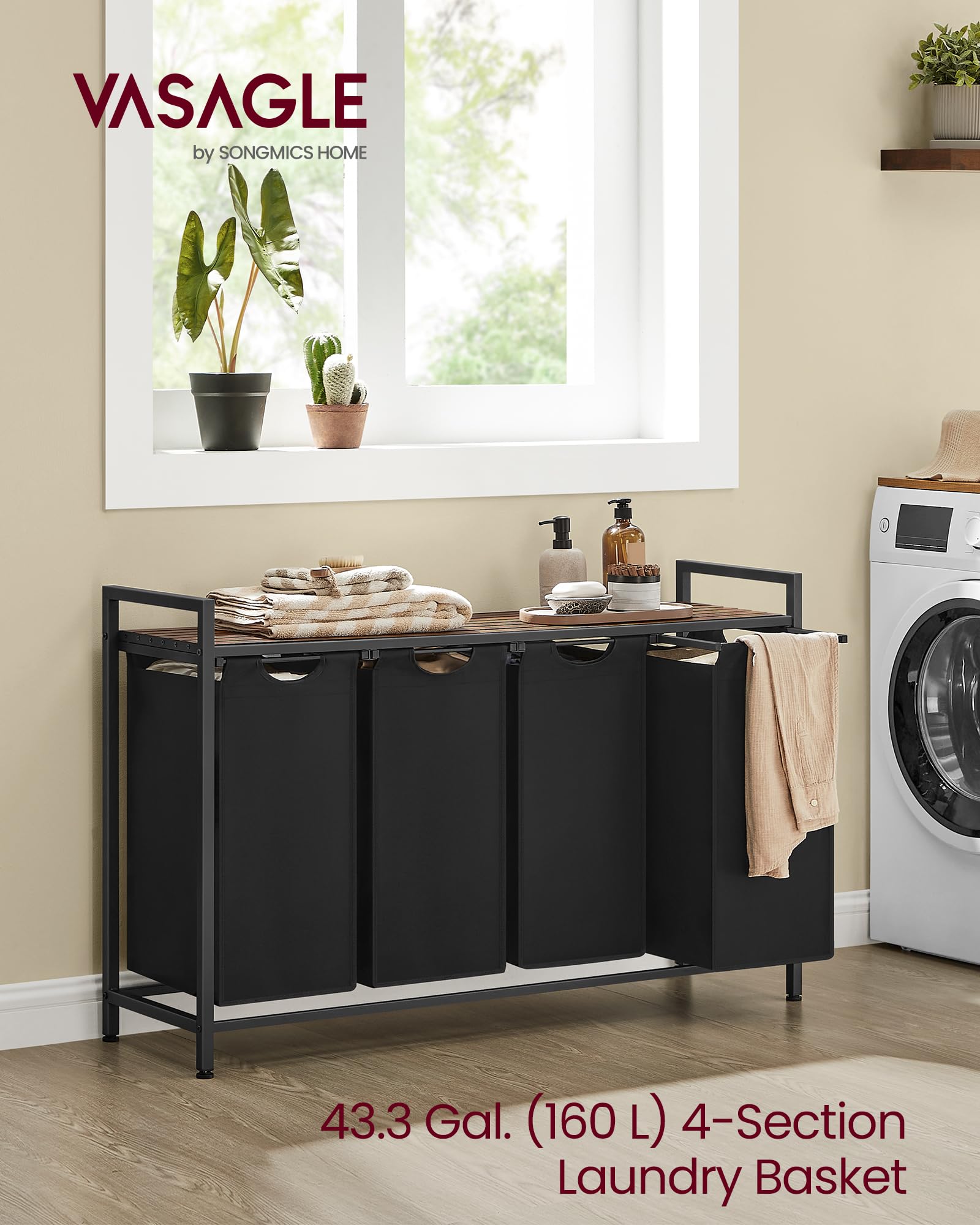Vasagle Laundry Hamper, Laundry Basket, Laundry Sorter With 4 Pull-Out And Removable Bags, Shelf, Metal Frame, 4 X 10.6 Gallons