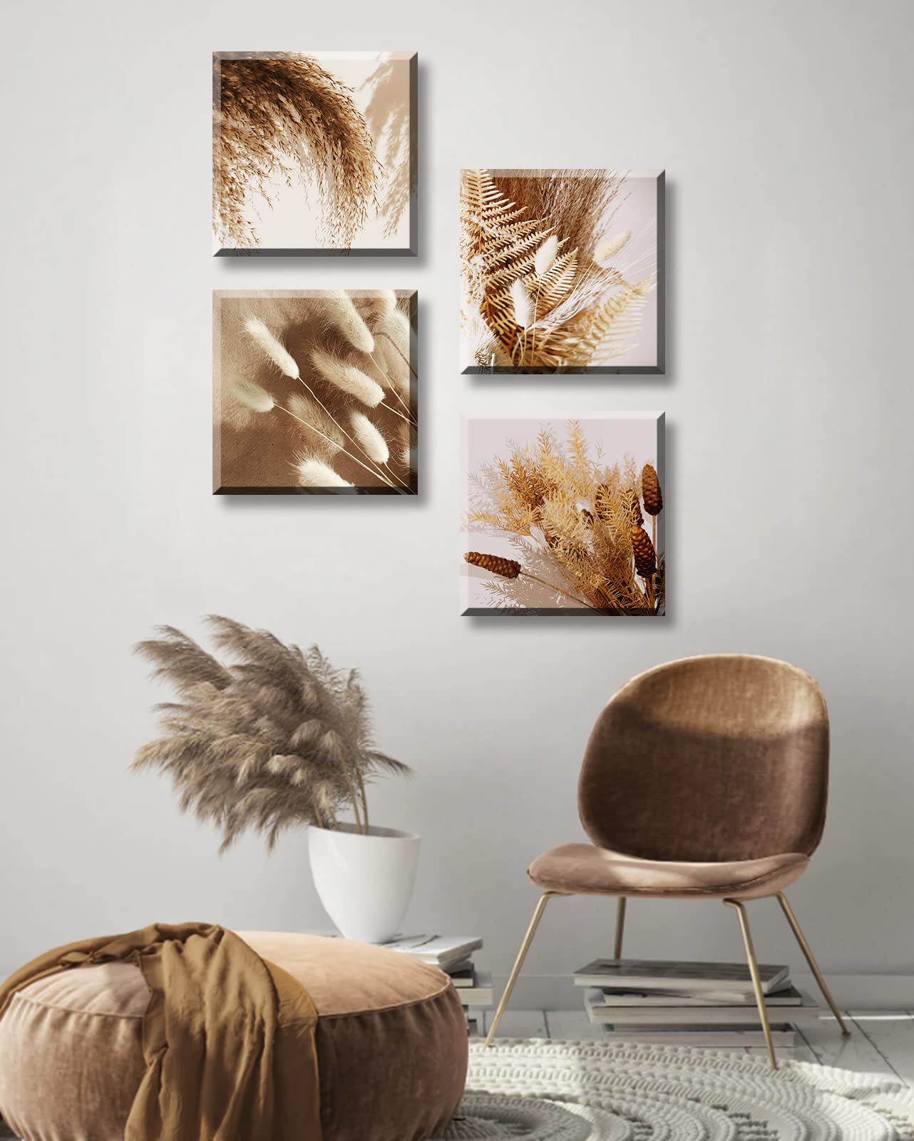 Boho Decor Botanical Wall Art - Neutral Fall Wall Decor Modern Farmhouse Decoration Plant Dried Floral Grass Canvas Print Home Bedroom Living Room Wall Decorations Set of 4(Framed 12x12in)