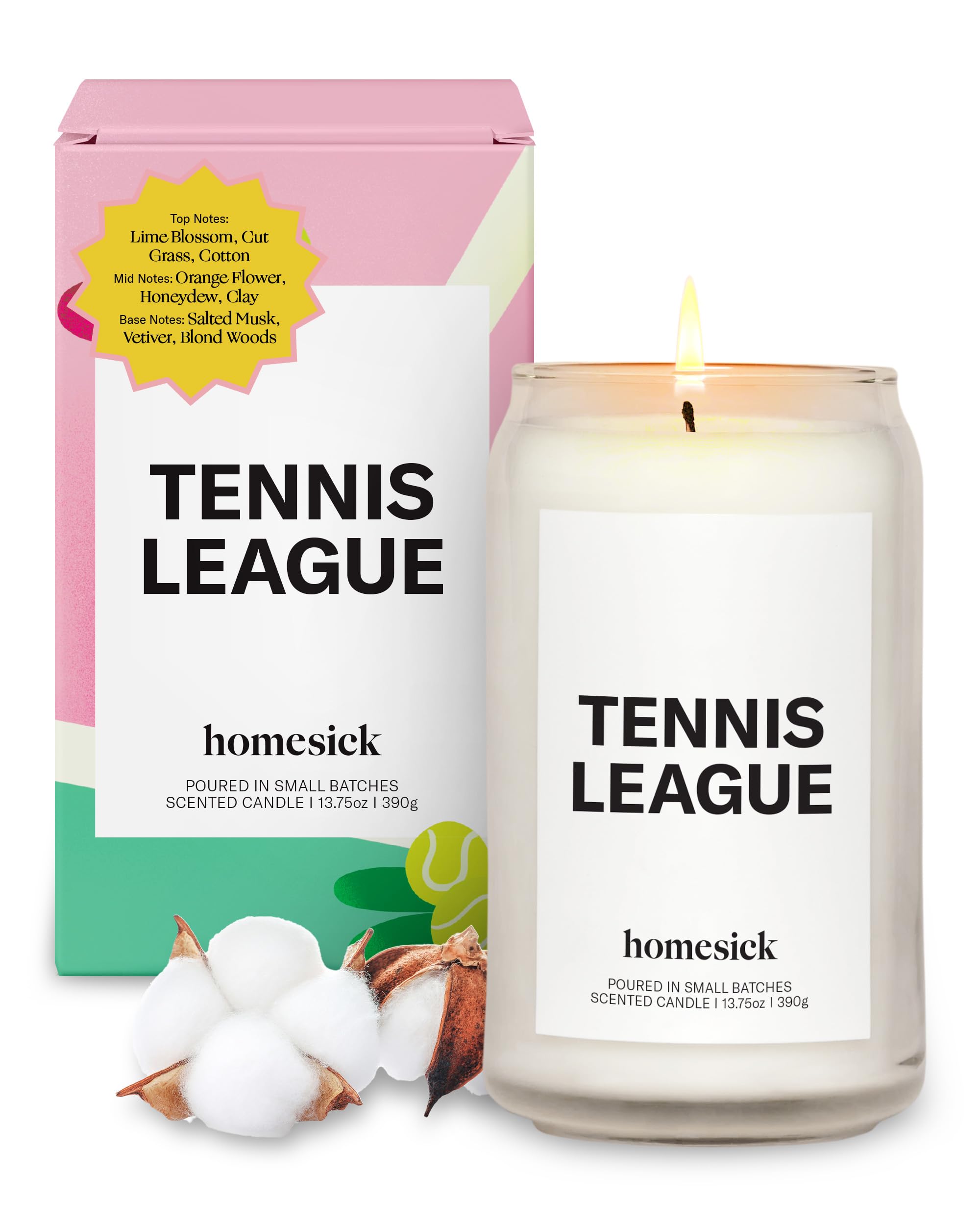 Homesick Premium Scented Candle, Tennis League - Scents of Lime Blossom, Orange Flower, Salted Musk, 13.75 oz, 60-80 Hour Burn,