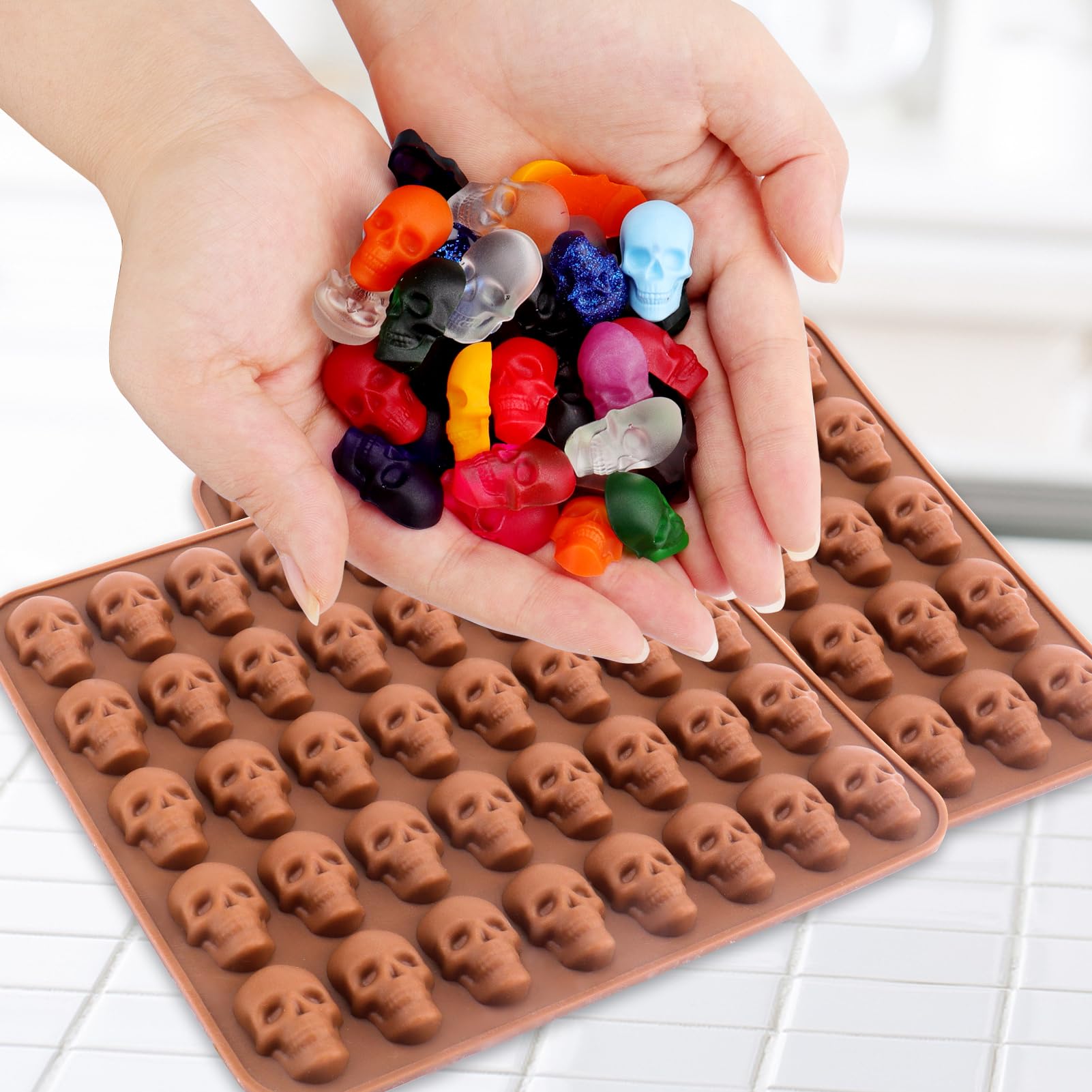 BUSOHA Silicone Gummy Skull Candy Molds, 2 Pack, 40 Cavity, Non-Stick, Coffee Brown, Model DA-391, Includes 1 Dropper
