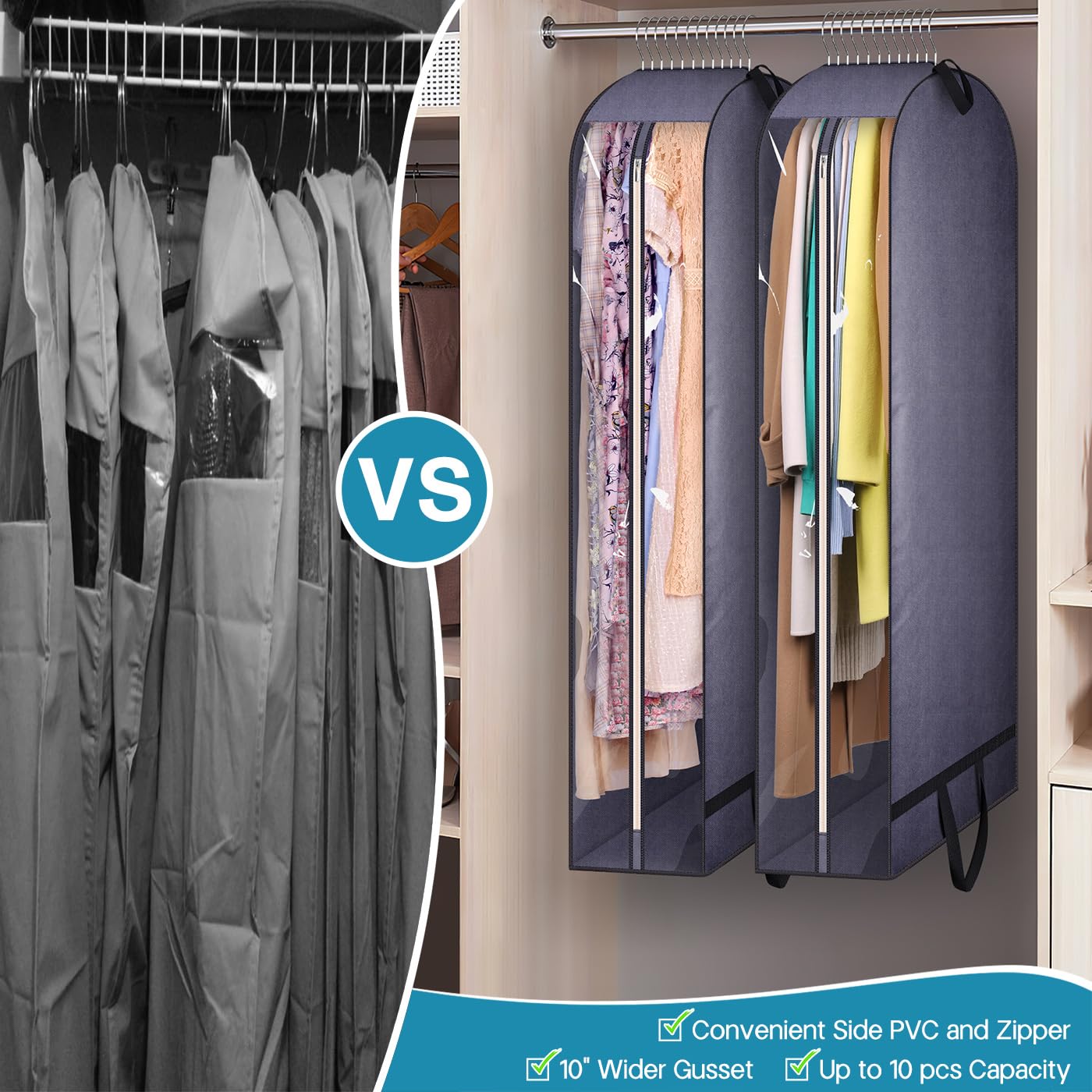 Kimbora 10'' Gusseted Clear Dress Bags For Gowns 54'' Suit Bags For Closet Storage With Handles Garment Bags For Hanging Clothes