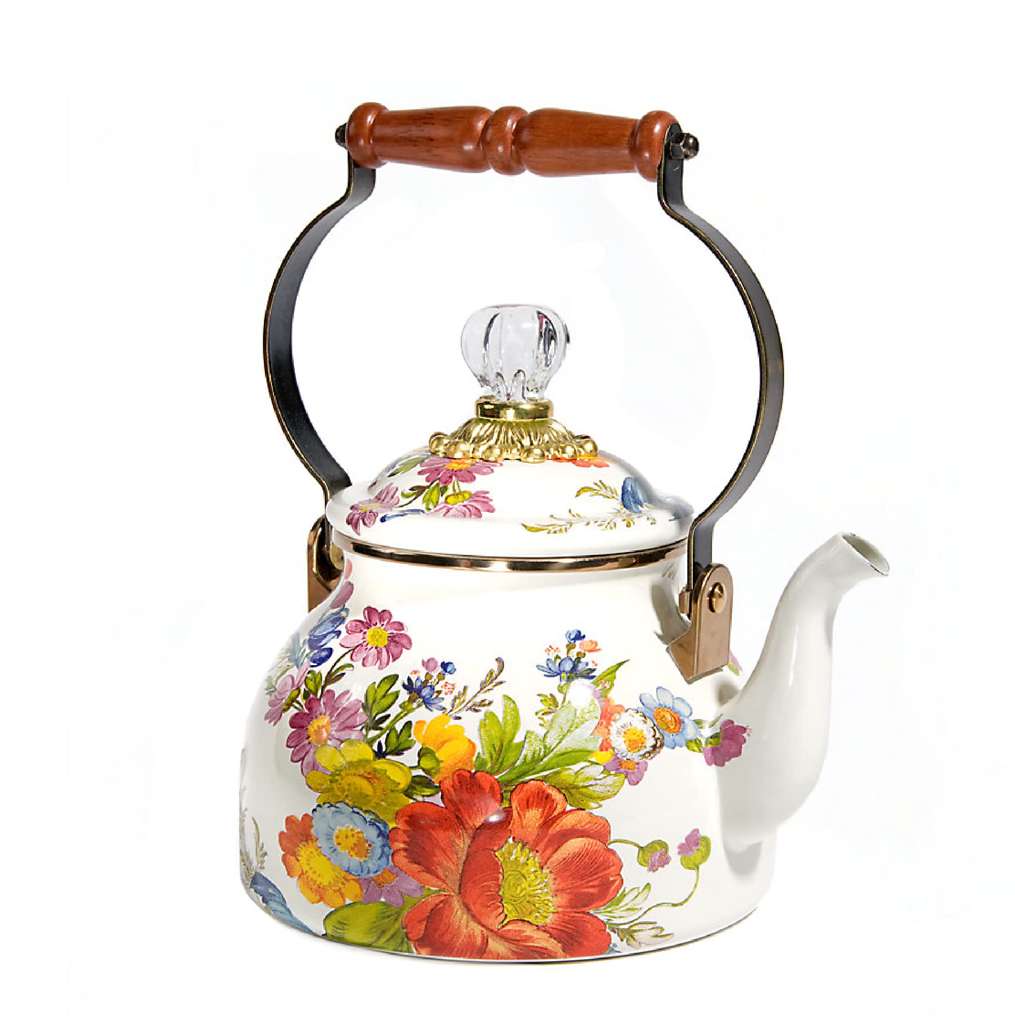Mackenzie-Childs Flower Market Enamel Tea Kettle, Decorative Tea Kettle, 2-Quart Capacity, White