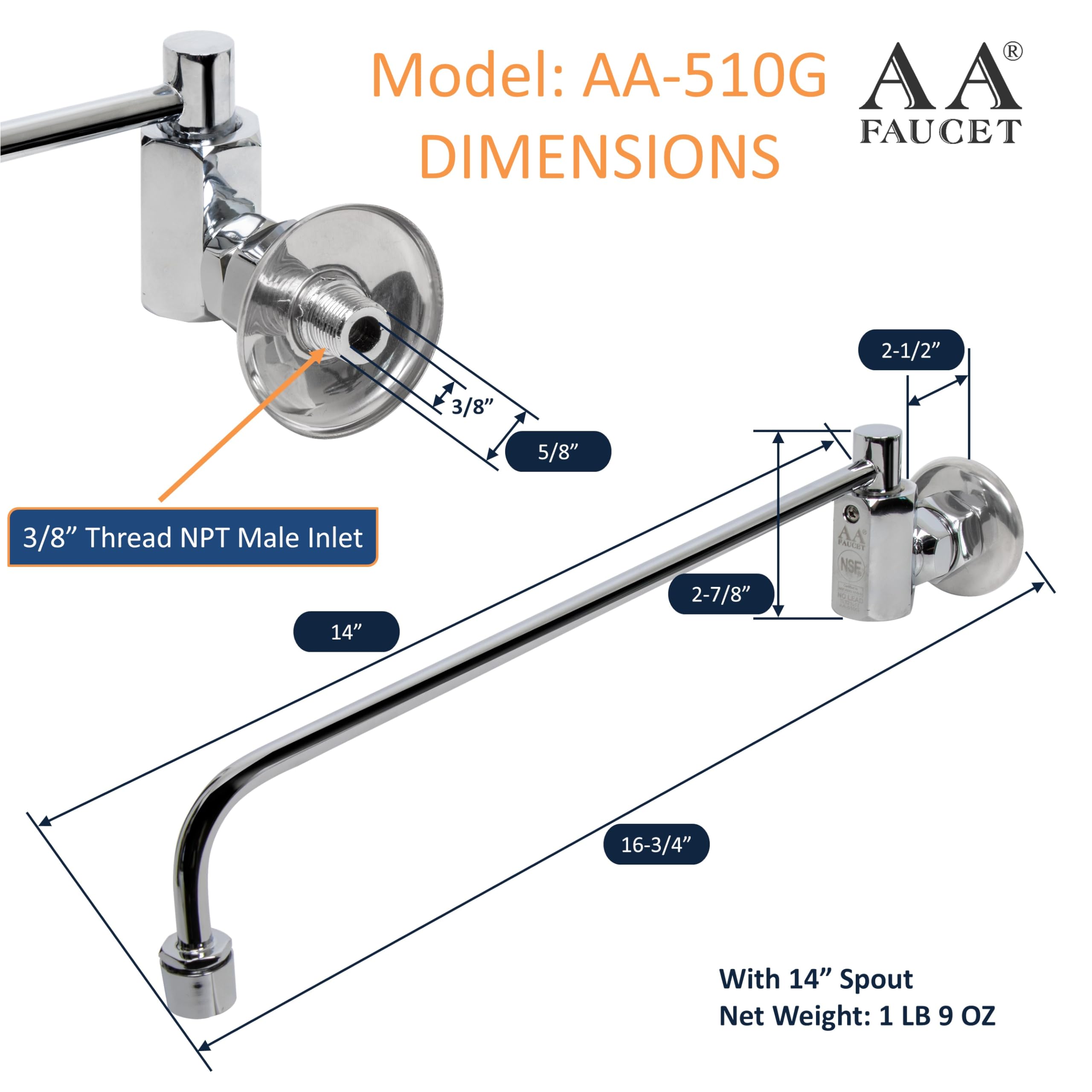 Aa Faucet Wok Range Center-On Automatic Faucet With 14'' Spout & 3/8'' Male Inlet For Restaurant Kitchen Aa-510G (3/8'' Inlet 14