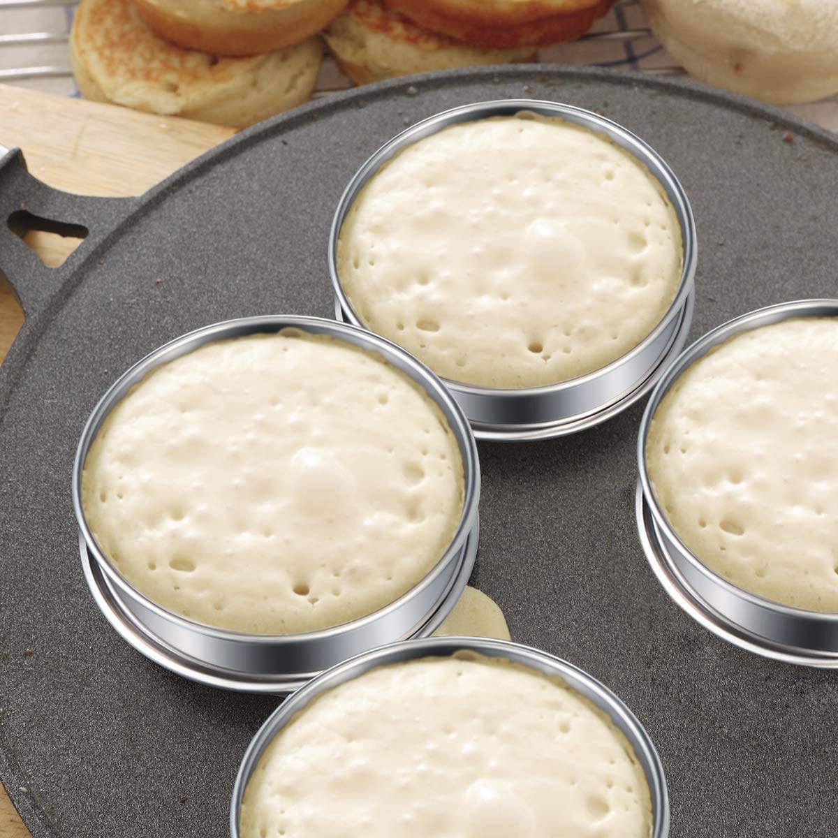 Uncle Jack 6 Pack 4' Double Rolled English Muffin Rings, Stainless Steel Crumpet Rings, Tart Rings, Round