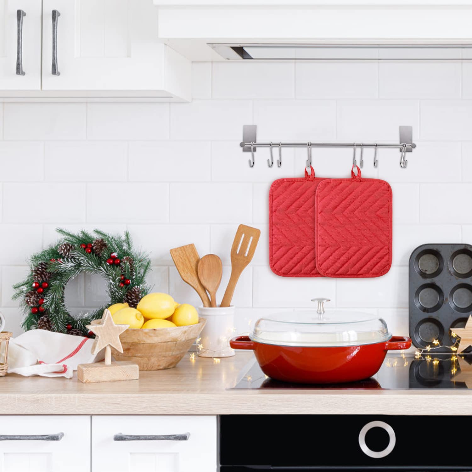 R Horse 6Pcs Christmas Red Pot Holders With Pocket For Kitchen Cotton Pocket Pot Holder Set Heat Resistant Potholder Terry Coast