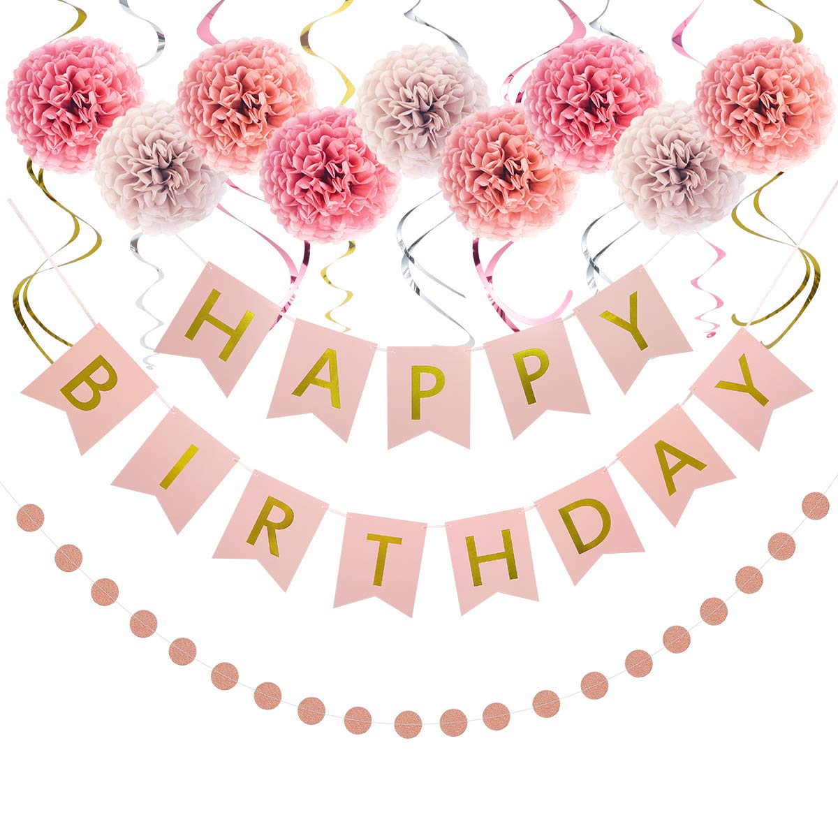 Litaus Rose Gold Birthday Decorations - Pack Of 20 | Happy Birthday Banner, Tissue Paper, Swirls, Garland | Happy Birthday Decor