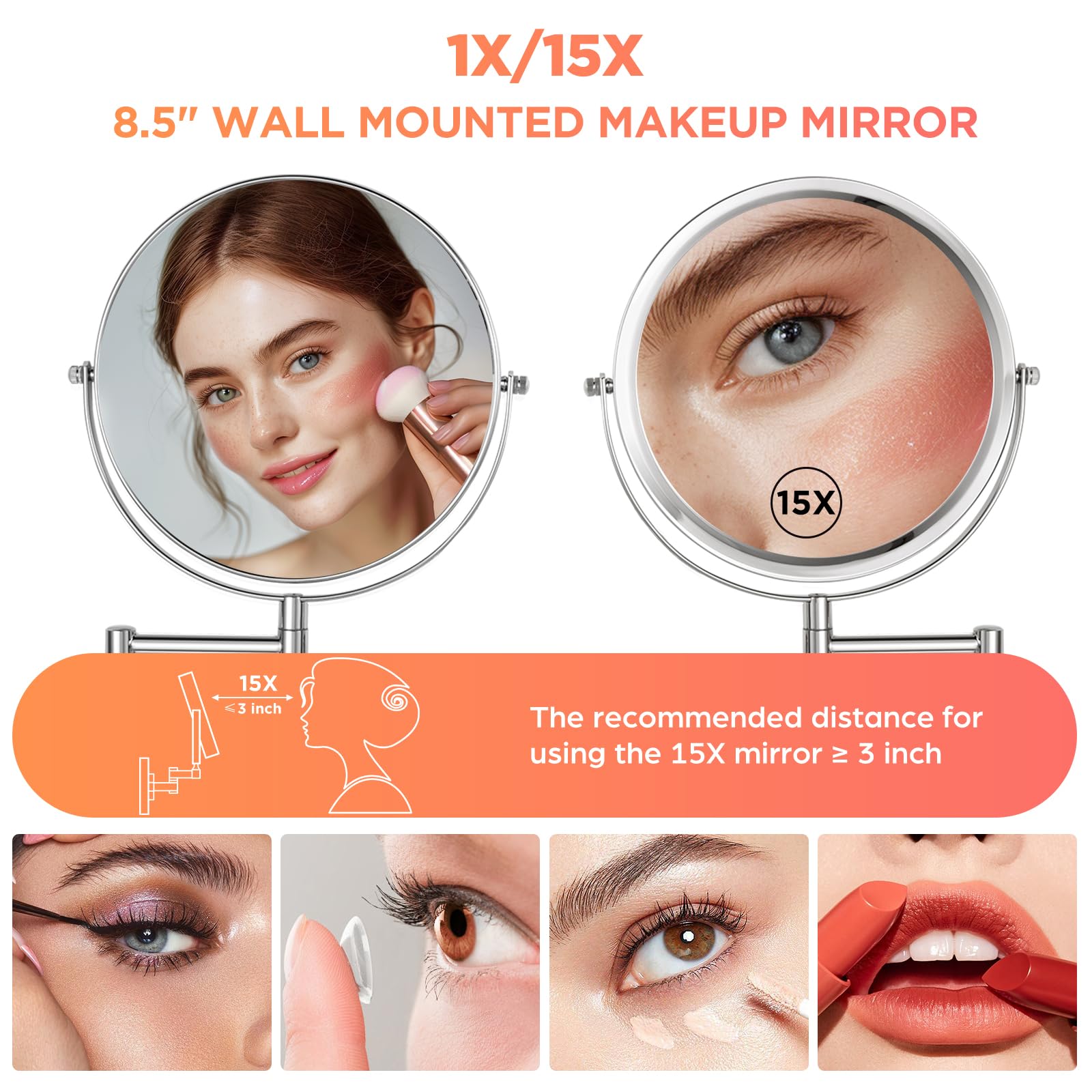 Vorremirr Wall Mounted Makeup Mirror - 8.5In Double Sided Makeup Mirror With Extended Arm,1X/15X Magnifying Mirror For Makeup Or