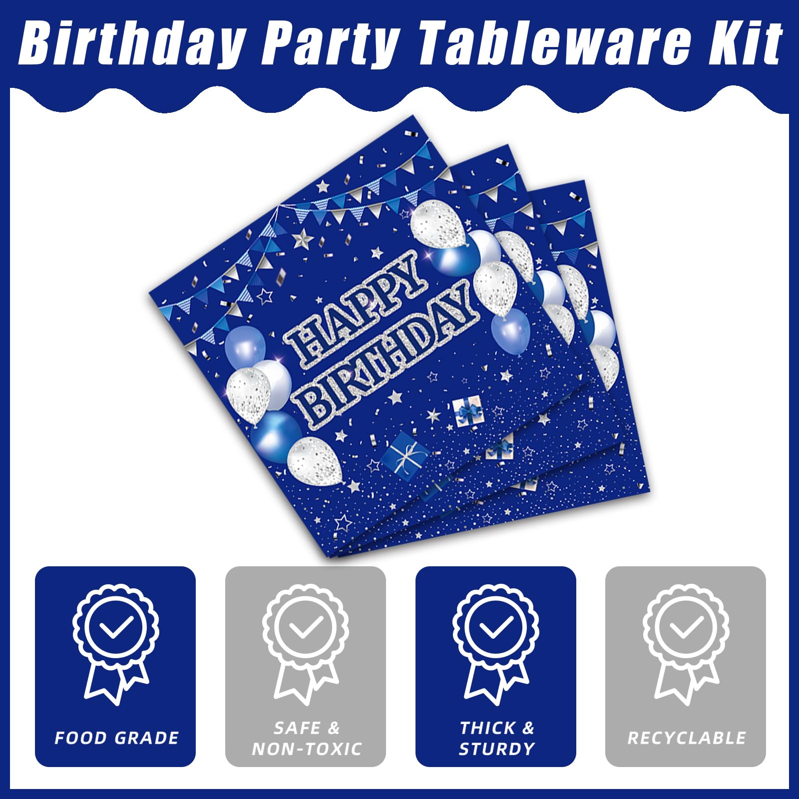 Kepeel 96Pcs Blue Birthday Party Tableware Set, Navy Blue And Silver Birthday Party Decorations Supplies For Men Women Birthday
