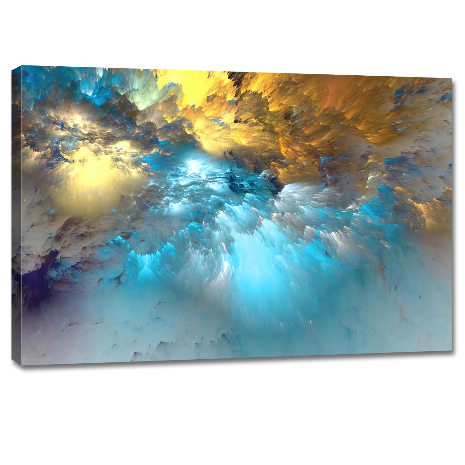 Golden Canvas Wall Art Blue Modern Abstract Painting Prints Colorful Smoke Billowing On White Background Framed Energetic Artwor