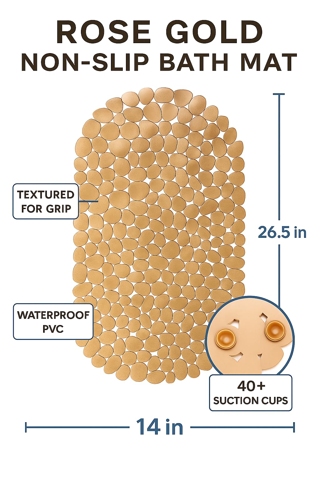 Dependable Industries inc. Essentials Nonslip Metallic Pebble Bathtub Mat with Suction Cups 26.5'' x 14'' (Rose Gold)