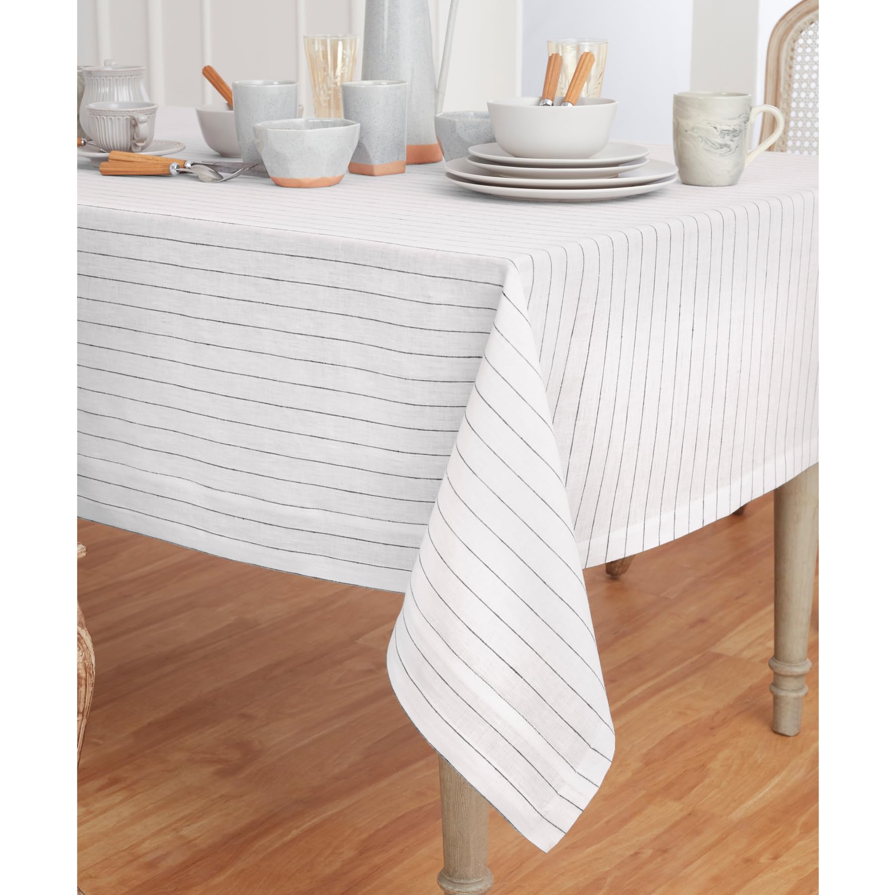 Solino Home Pinstripe Linen Tablecloth 90'' L X 60'' W Inch - 100% Pure Linen White And Black Tablecloth For Spring, Easter - Ha