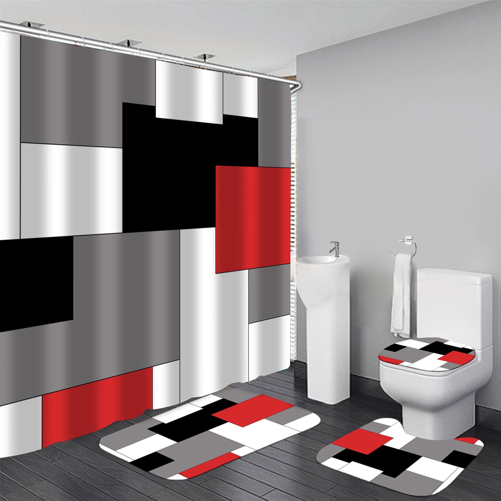 Yizheer Geometric Red Shower Curtain Sets with Non-Slip Rugs Toilet Lid Cover and Bath Mat  Black and Gray Bathroom Decor Set Accessories Waterproof Shower Curtains