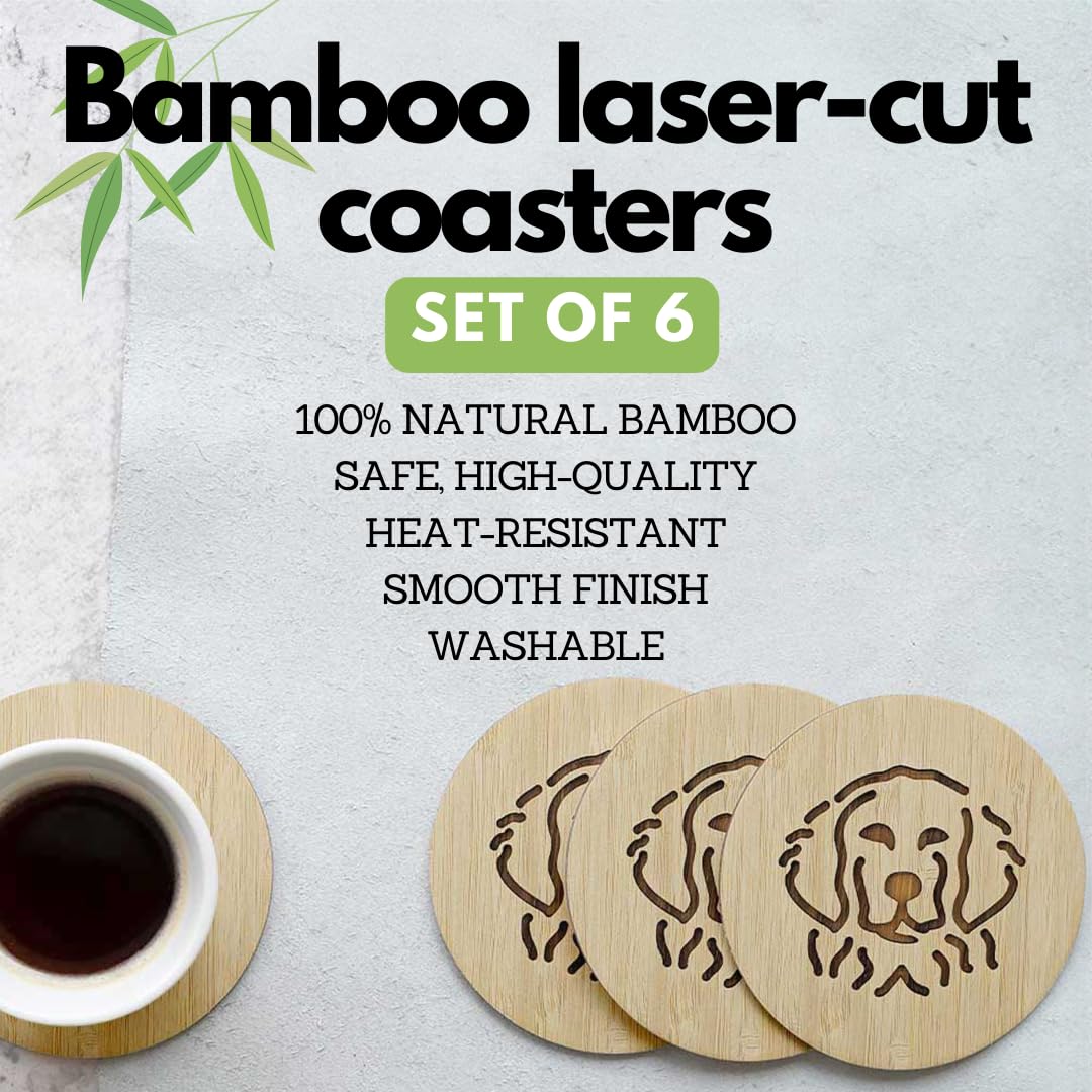 Set Of 6 Bamboo Coasters With Holder - 3.9'' Fun Dog Coasters - Non-Stick Absorbent Engraved Laser-Cut Coasters With Dog Face -