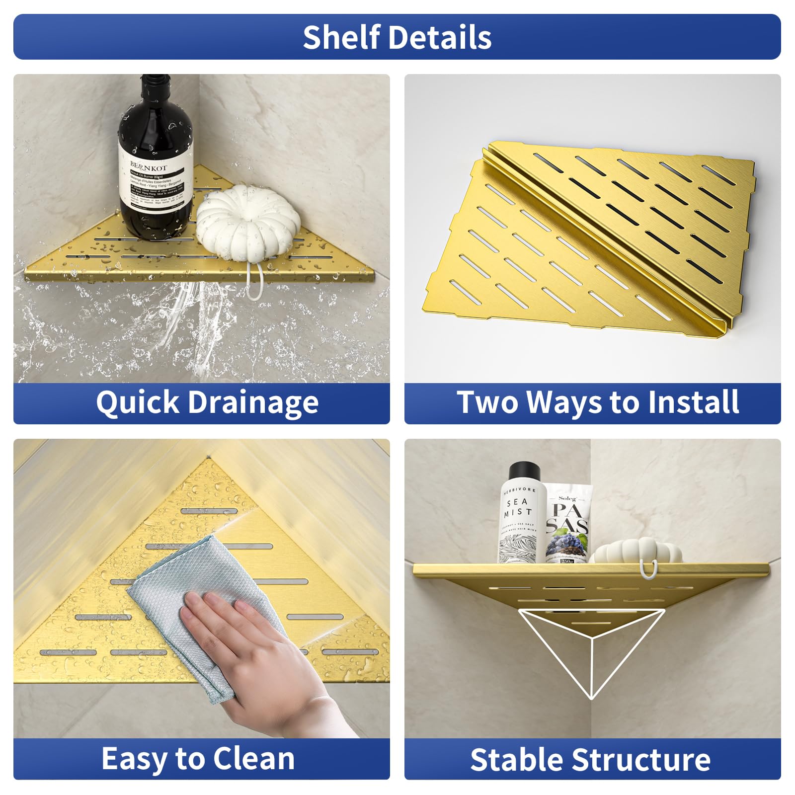 Bernkot Corner Shower Shelf, 304 Stainless Steel Bathroom Shelf For Tiled Wall, Grout In Shelves (Gold, 10''-2 Pack)