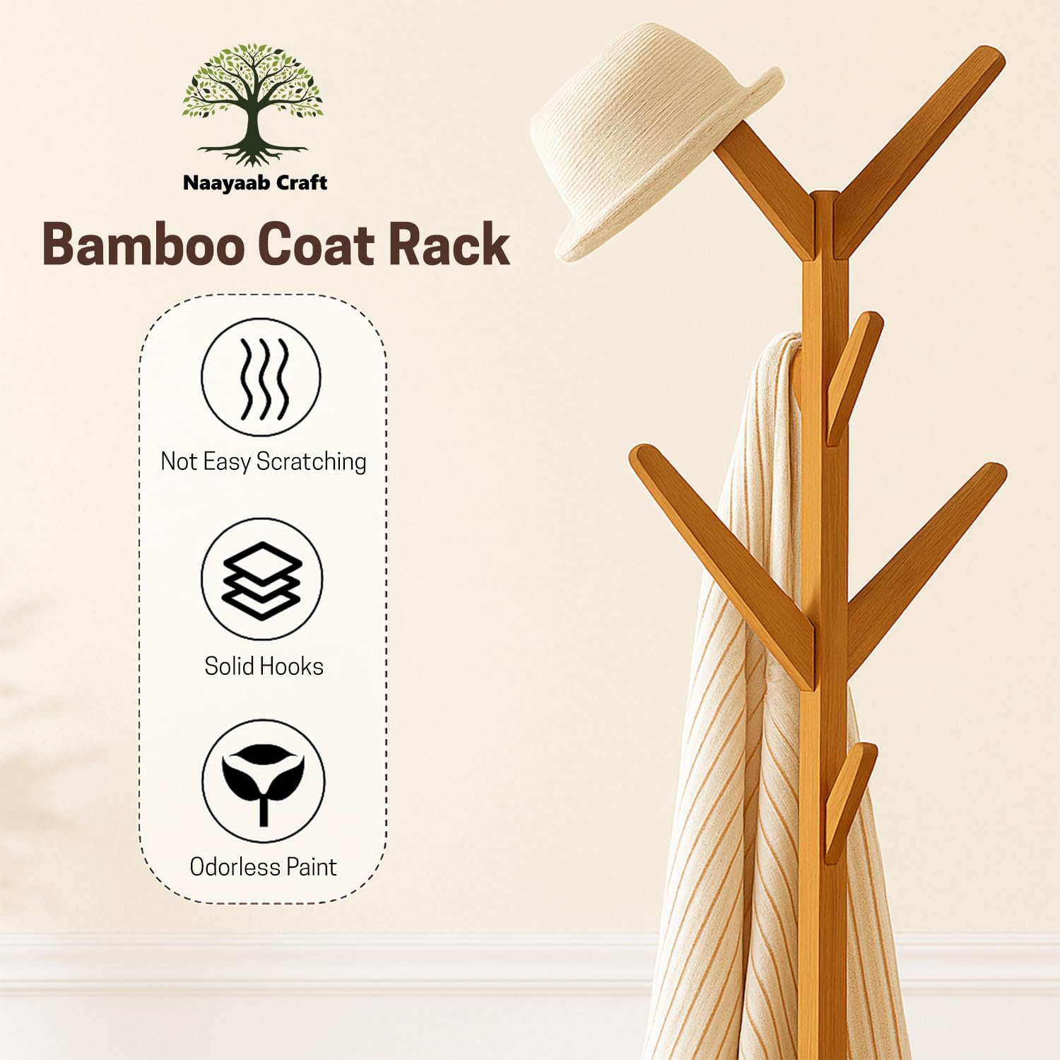 Naayaab Craft Coat Racks Coat Stand Free Standing With 8 Hooks Organize Hats Scarves, Clothes, Handbags For Entry Hallway Bedroo