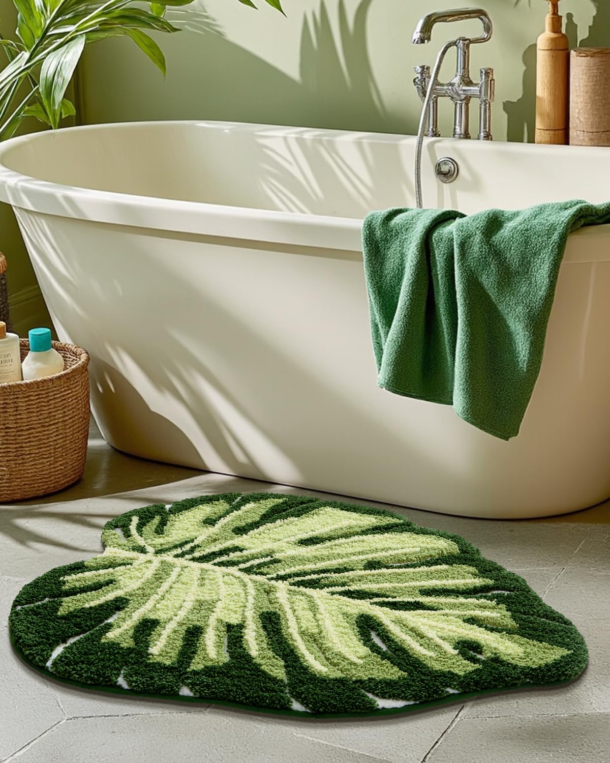 Lumi Cute Bathroom Rugs With Green Leaf Plant, Soft, Fluffy, Plush, Absorbent, Quick Dry, Non Slip, Machine Washable For Shower