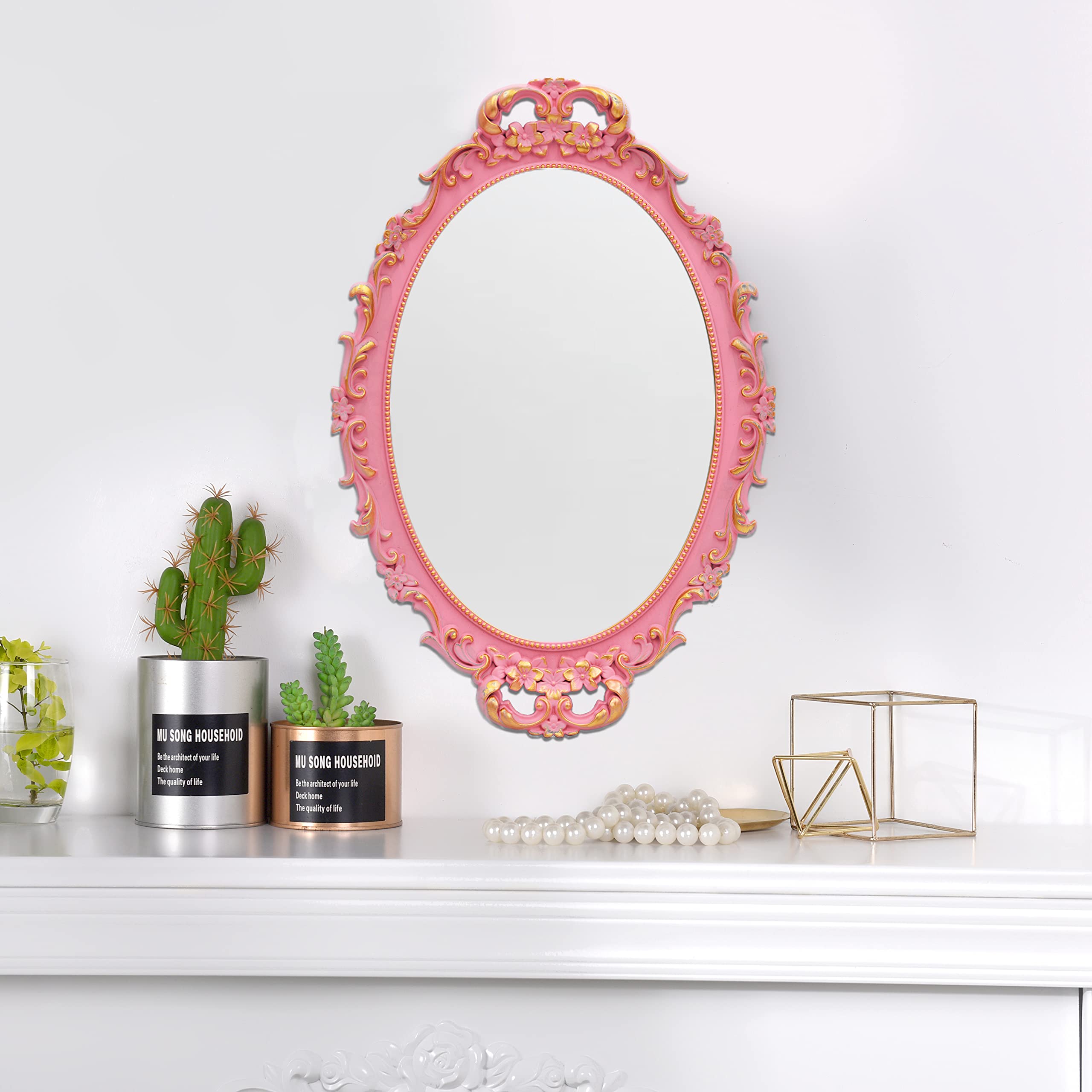 Tstarer Vintage Decorative Pink Framed Mirror, Wall Hanging Mirrors & Tabletop Tray for Bedroom Living Room Dresser Decor, Oval-