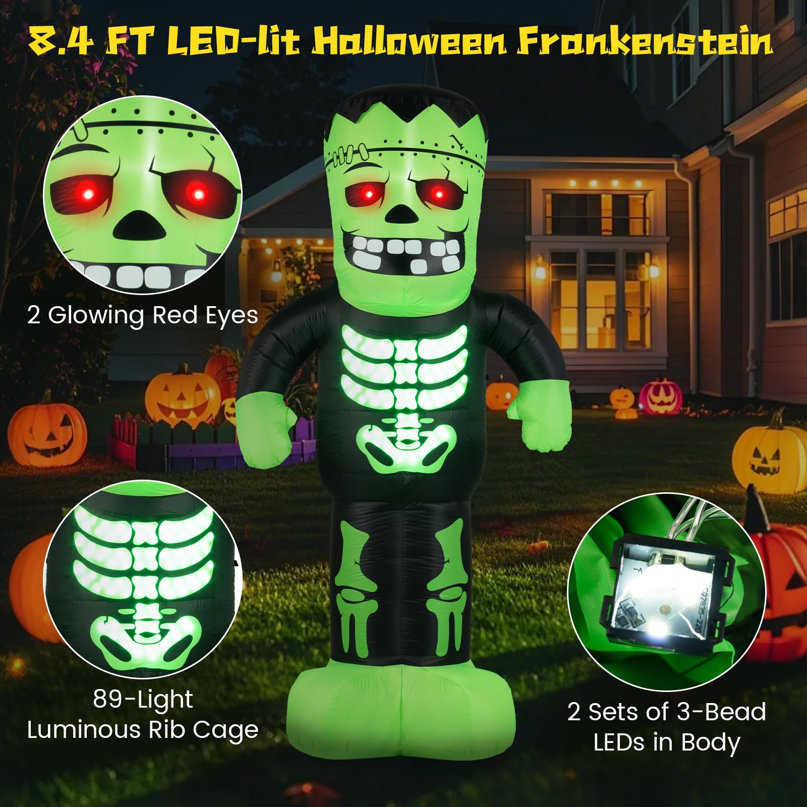 Tangkula 8.4 Ft Halloween Inflatable Frankenstein Skeleton, Light Up Outdoor Yard Decoration with LED Lights, Scary Blow Up Mons
