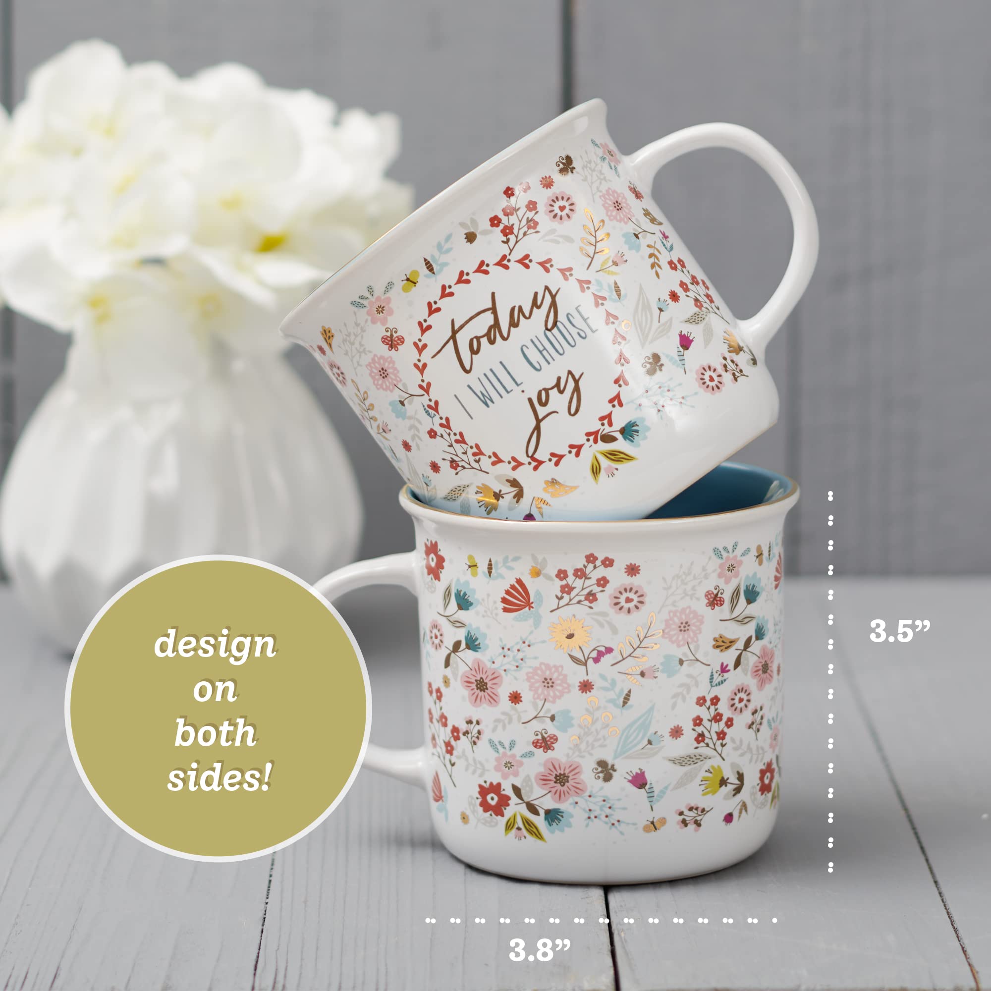 Today I Will Choose Joy Positive Message Encouraging Cute Mug for Women Floral Design Blue/White Ceramic Cup for Coffee/Tea, Met