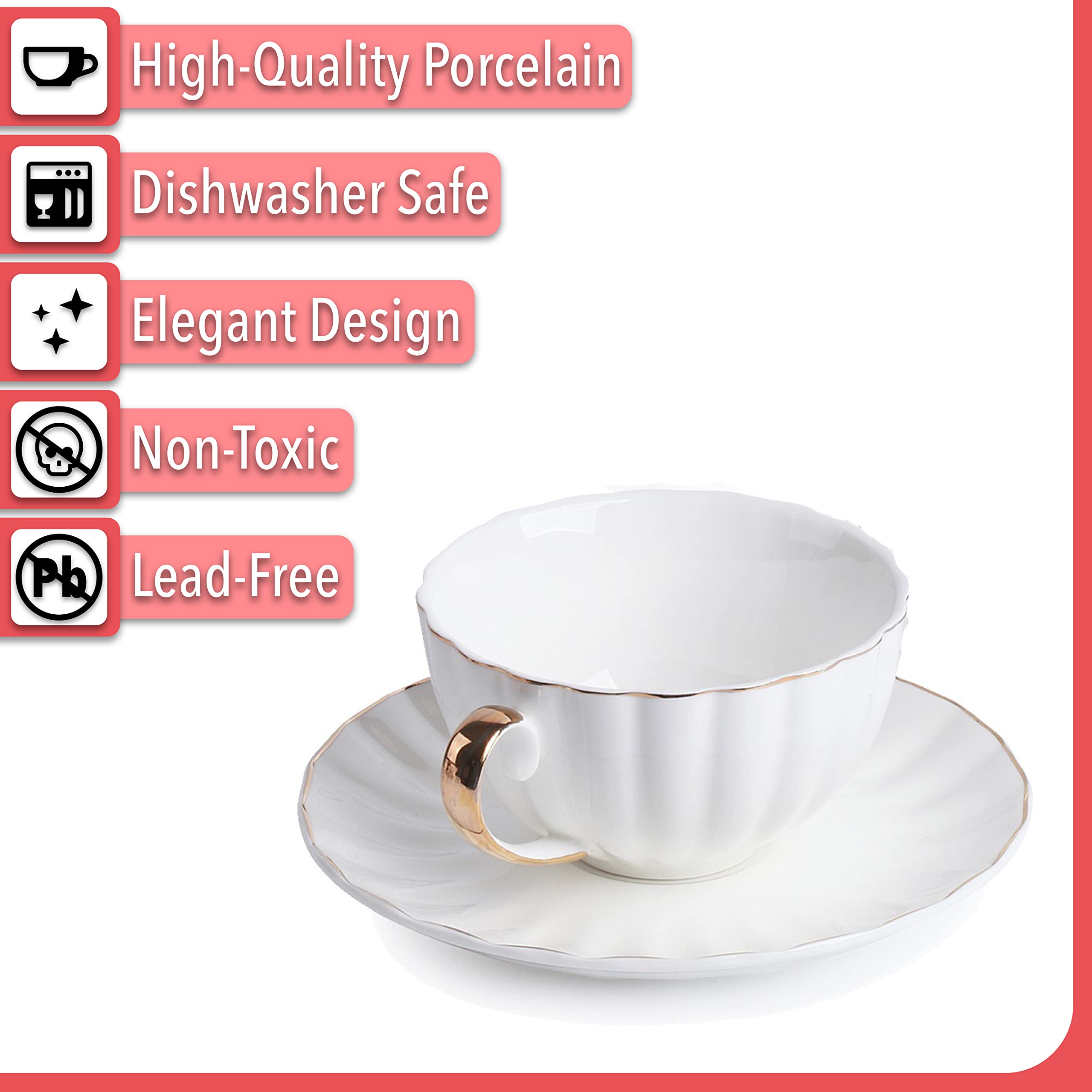 BTaT- White Tea Cups and Saucers Set of 6 (7 oz), Porcelain White Tea Cup Set with Golden Trim Design, Dishwasher Safe, Christma