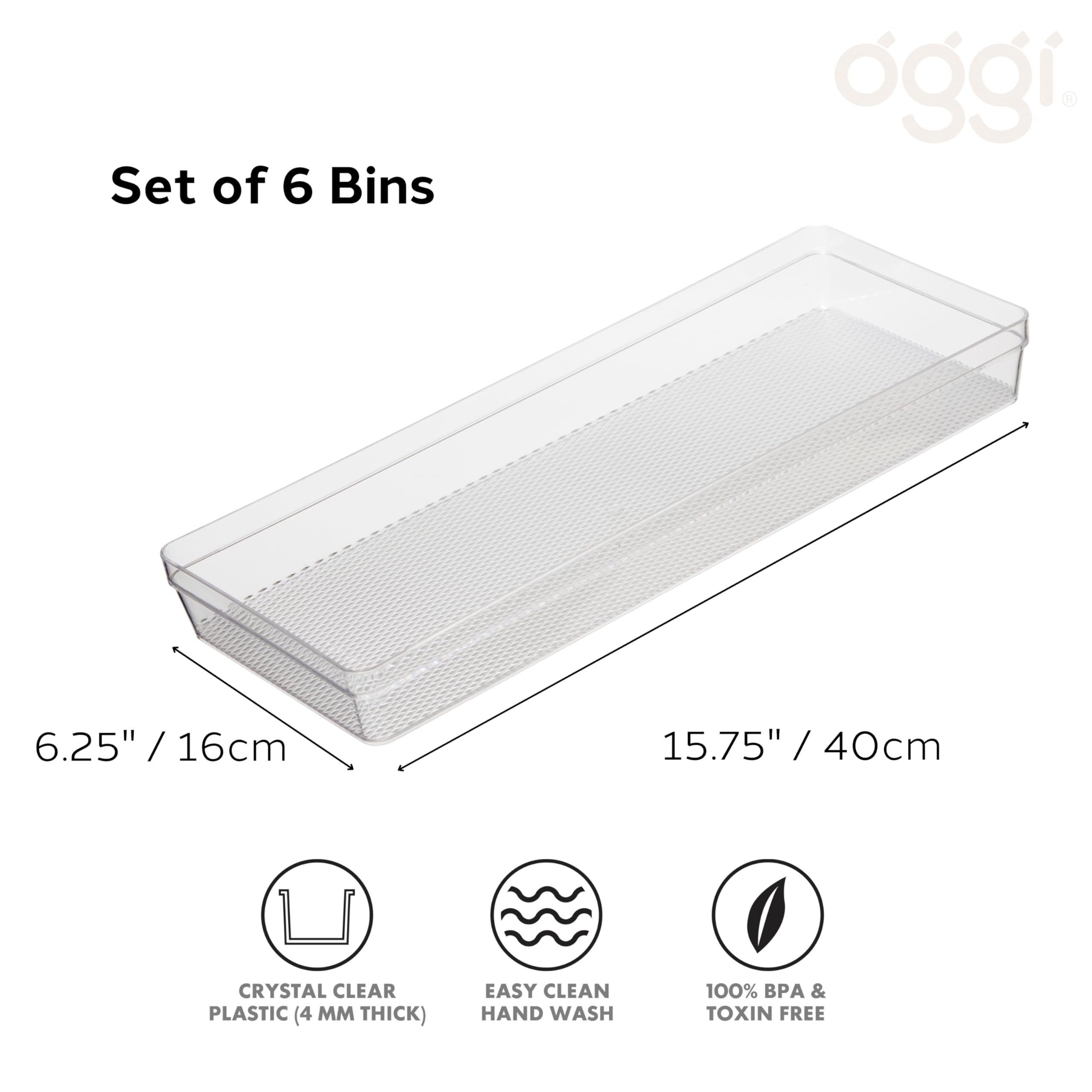 Oggi Clear Drawer Organizer - 6.25'' X 15.75'' (Set Of 6) - Ideal For Organizing Kitchen Drawers, Office, Desk, Silverware, Kitc
