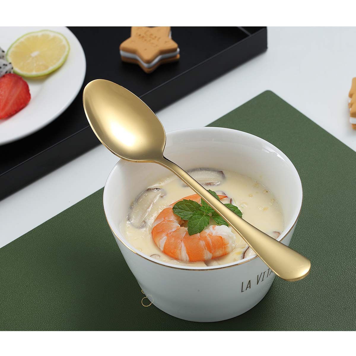 Gold Teaspoons, Kyraton 6 Pieces 6.7'' Stainless Steel Tea Spoons With Gold Titanium Plating, Ice Cream Spoons, Dessert Spoon, C