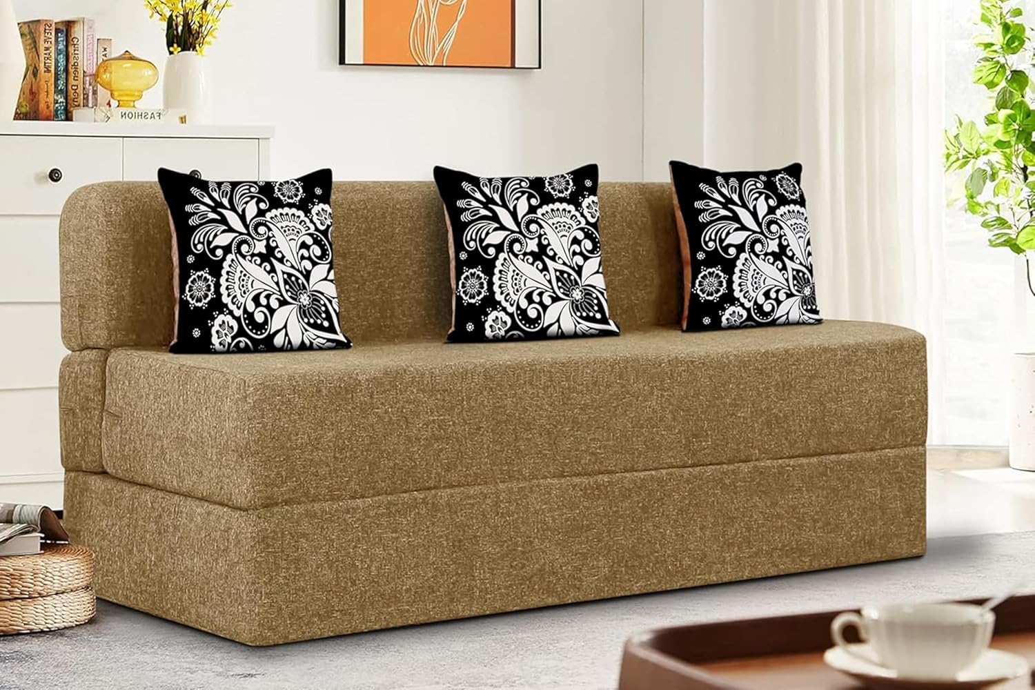 Rosebell 3 Seater Sofa Cum Bed | Jute Fabric Washable Cover | With Three Printed Cushions Perfect For Guest | Golden | 5 X 6 F