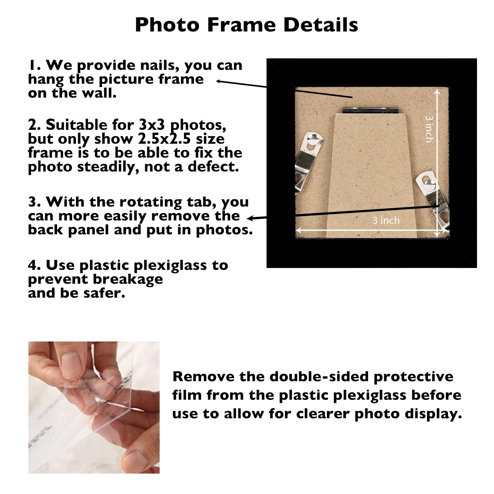 JCJMY 3x3 Picture Frame Black for Tabletop, 3 x 3 Square Photo Frame with Shatter Resistant Plexiglass, Sturdy 3 by 3 Poster Fra