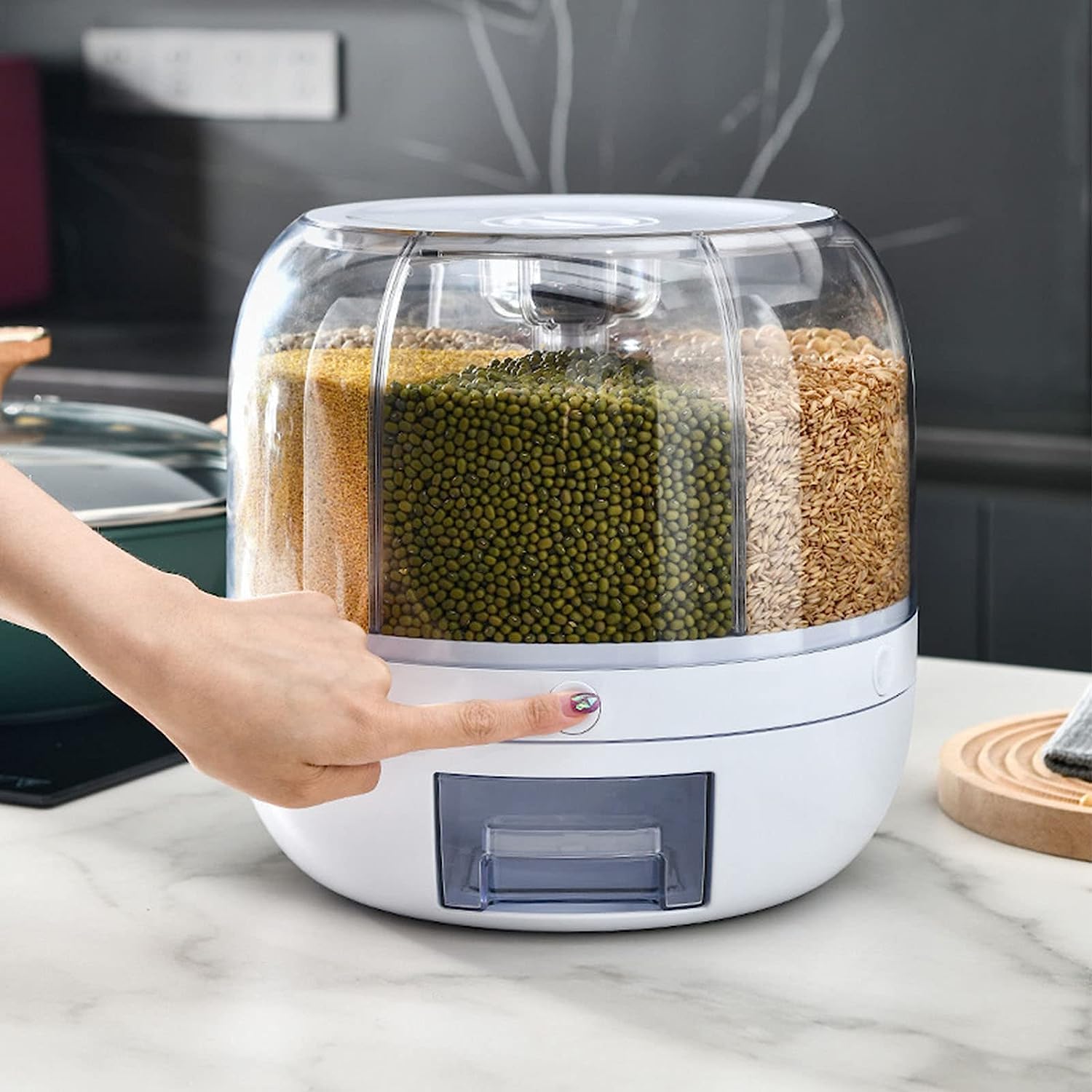 Arviz 6Grid Rotating Rice Dispenser, Airtight Dry Food Storage Container With OneClick Grain Picking, Stackable Rice Bucket, 3