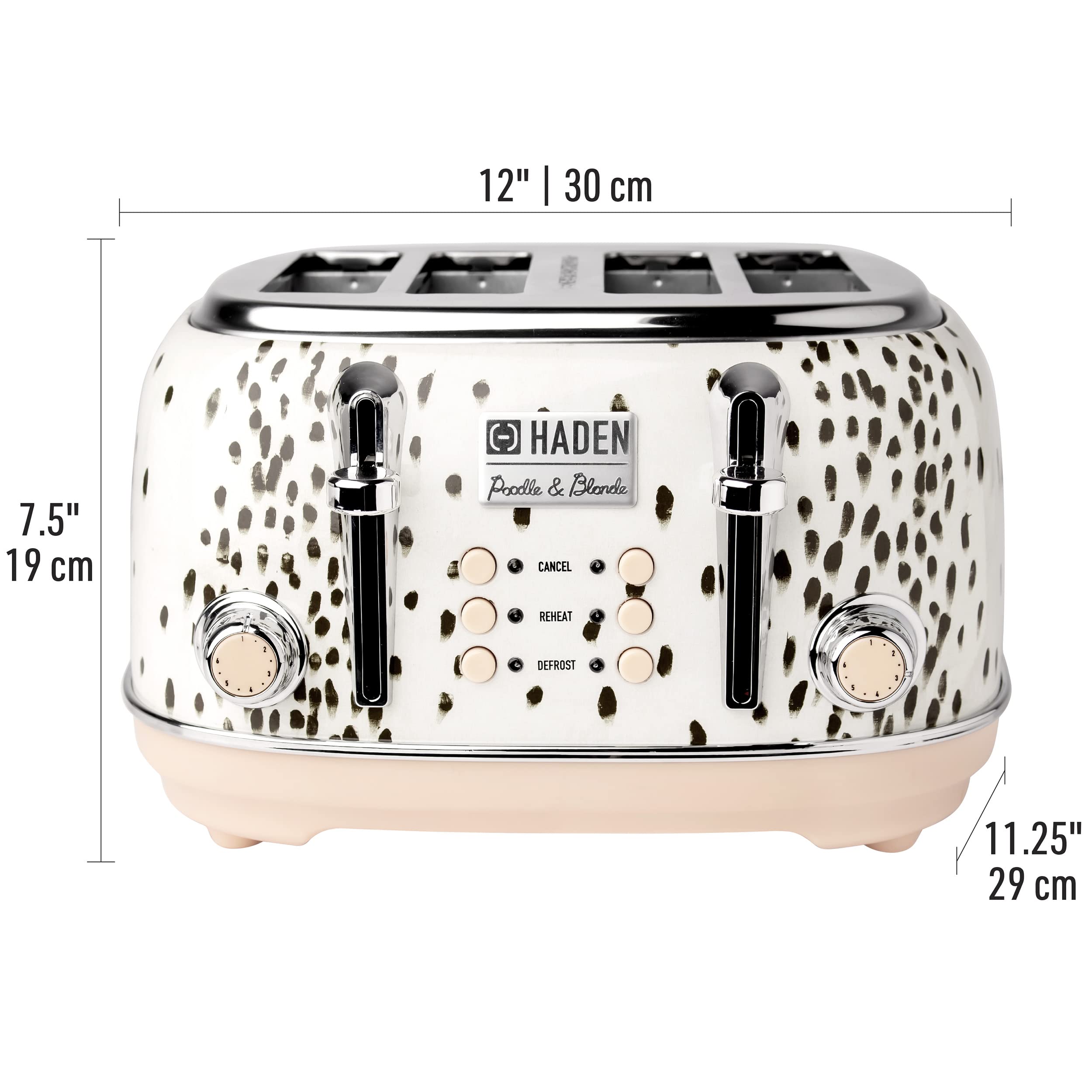 Haden 75024 4-Slice Toaster, Wide Slot With Removable Crumb Tray And Settings, White/Brown Spots/Pink