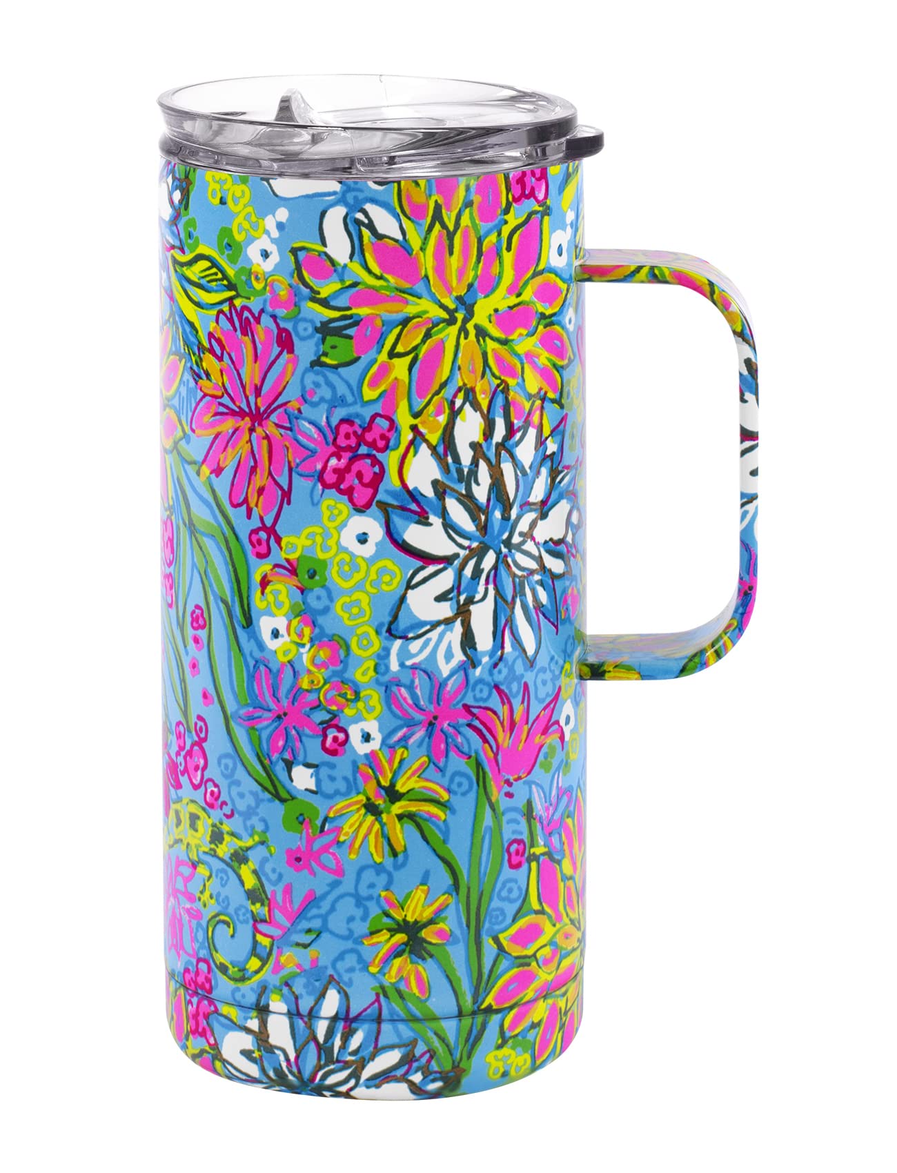 Lilly Pulitzer 16 Oz Travel Mug with Handle and Lid, Stainless Steel Insulated Coffee Tumbler, Double Wall Metal Cup, Walking on